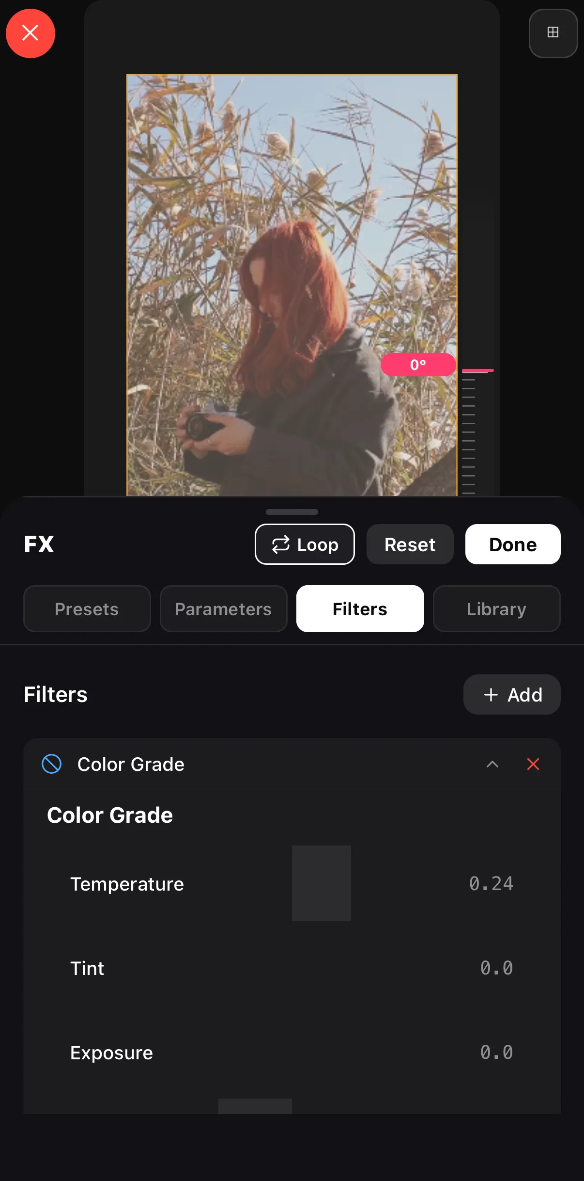 The FX sheet on the Filters tab with a Color Grade card open; Temperature reads 0.24, Tint 0.0 and Exposure 0.0 over the faded portrait.