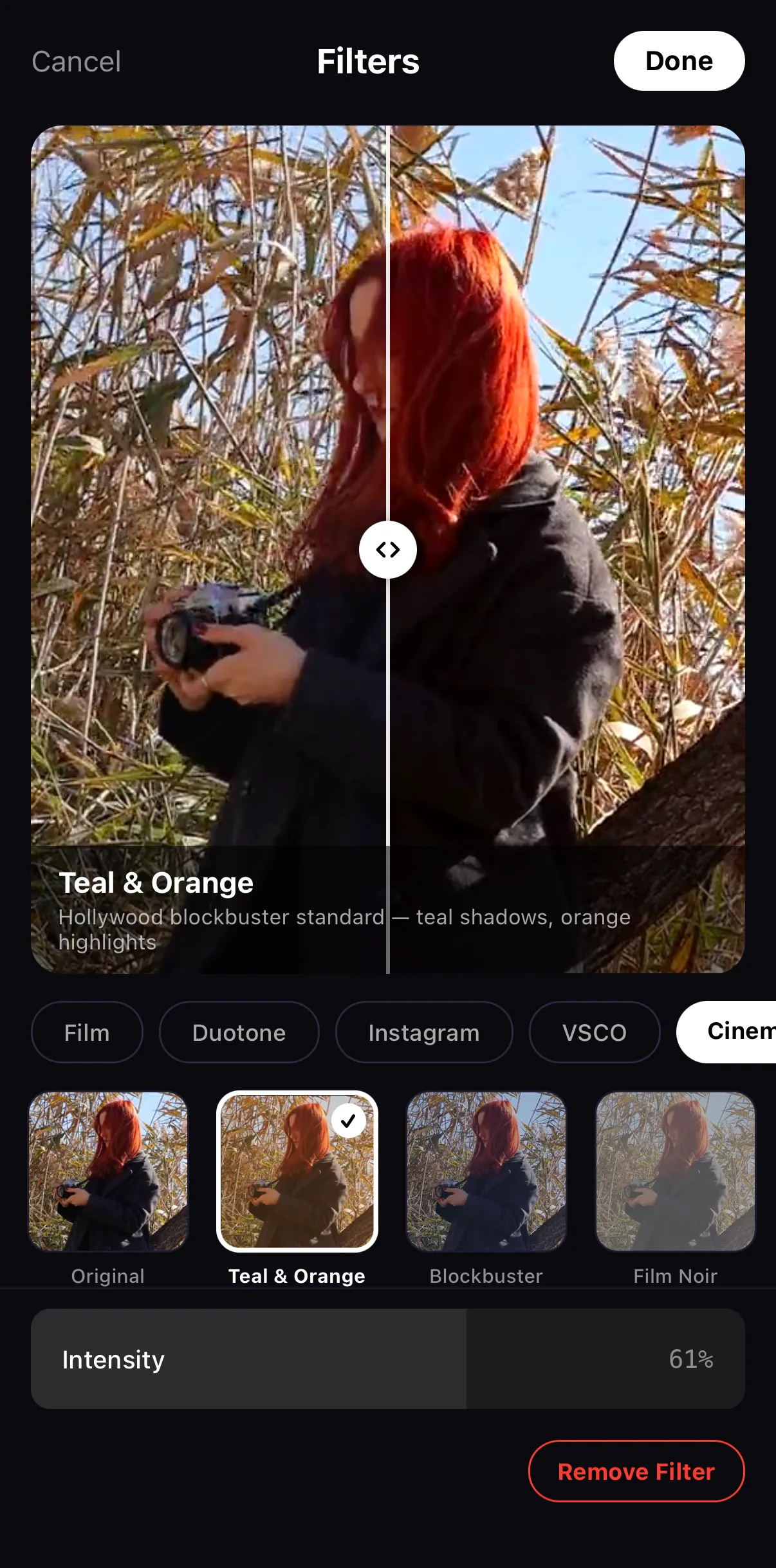 The Filters browser with the Cinematic category open and Teal & Orange selected; a vertical compare line splits the portrait into ungraded left and graded right, and the Intensity scrubber reads 61%.
