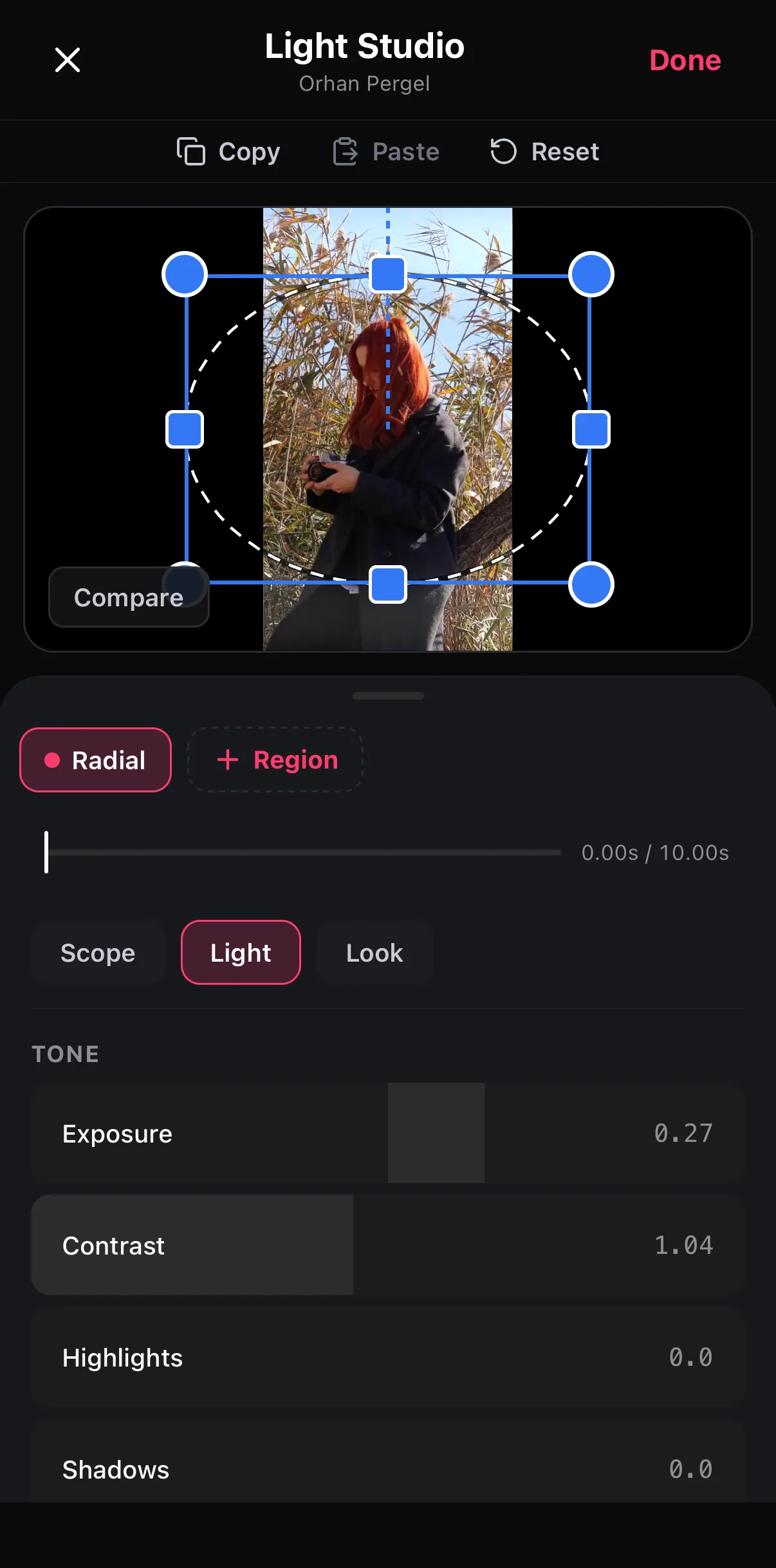 Light Studio with a Radial region drawn over the subject, tabs Scope, Light and Look, and Tone sliders Exposure 0.27, Contrast 1.04, Highlights 0.0, Shadows 0.0.