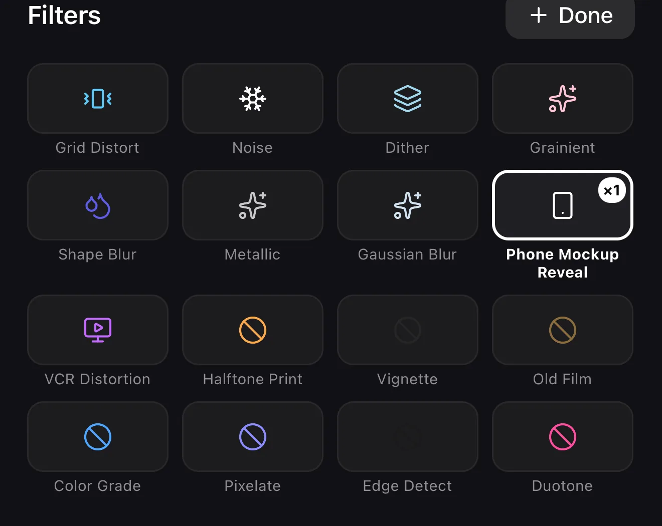 The filter catalog with Phone Mockup Reveal selected among effects like Gaussian Blur, Grainient and VCR Distortion