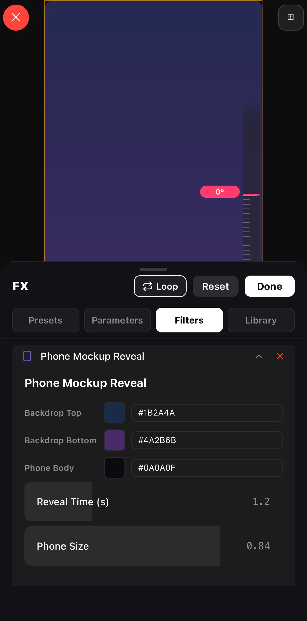 Phone Mockup Reveal applied on the Filters tab: Backdrop Top, Backdrop Bottom and Phone Body colour fields, Reveal Time 1.2 s and Phone Size 0.84 sliders