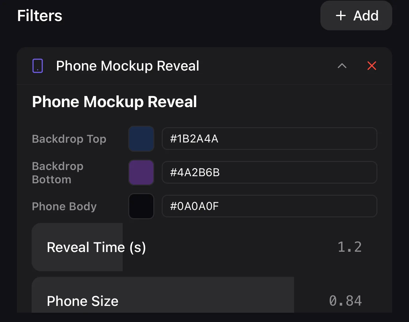Phone Mockup Reveal settings showing backdrop top and bottom colors, phone body color, reveal time and phone size