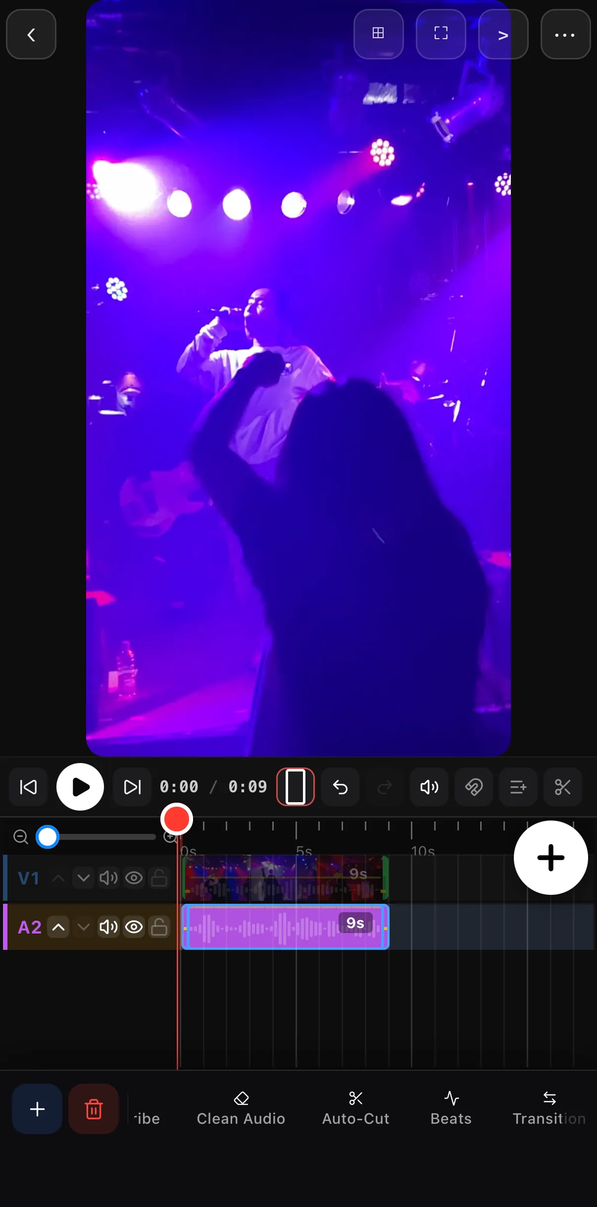 A selected audio clip's toolbar scrolled to Clean Audio, Auto-Cut, Beats and Transition