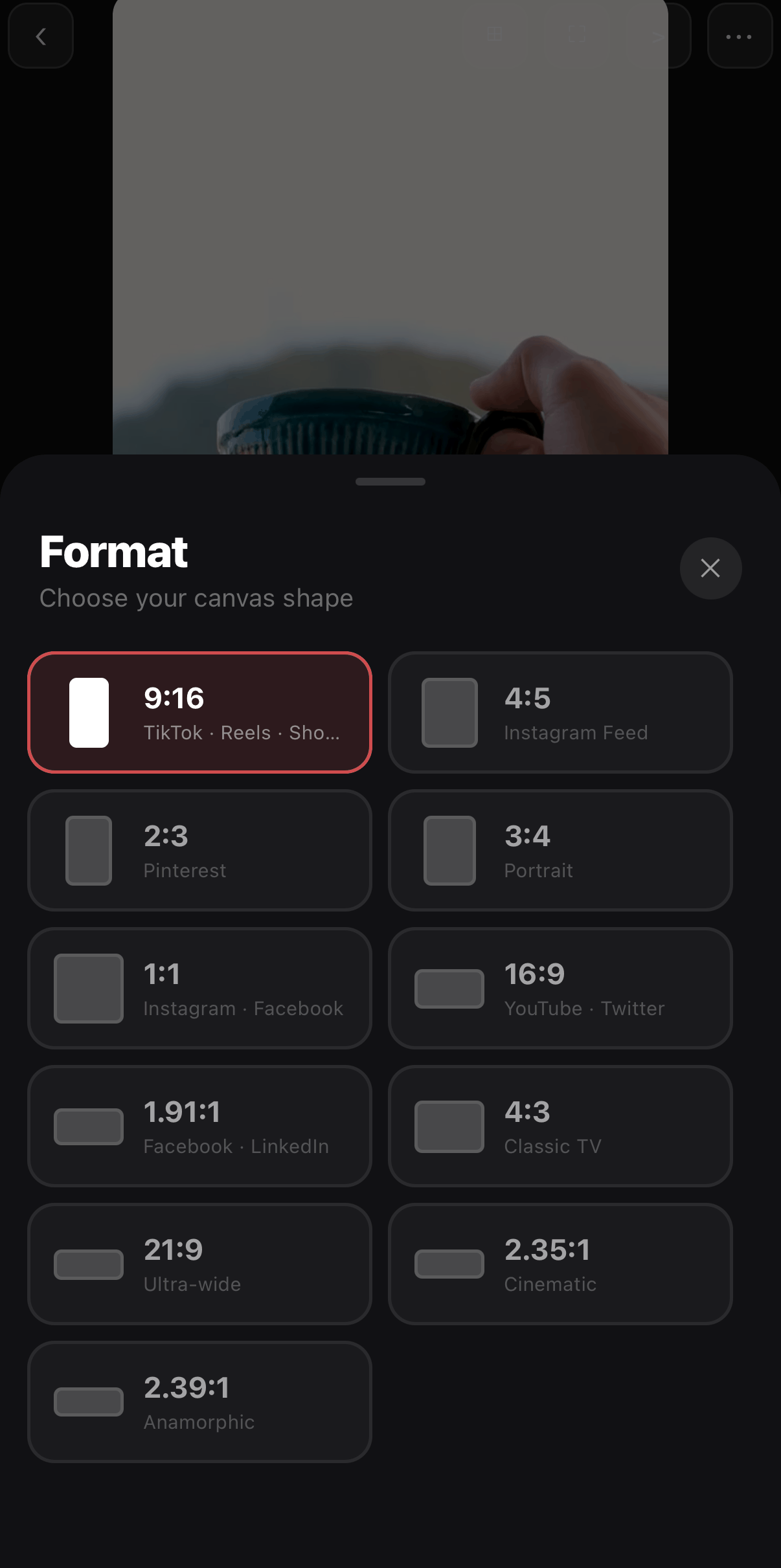 The Format sheet in ExpoCut, titled Choose your canvas shape, with tiles for 9:16, 4:5, 2:3, 3:4, 1:1, 16:9, 1.91:1, 4:3, 21:9, 2.35:1 and 2.39:1; 9:16 is currently selected.