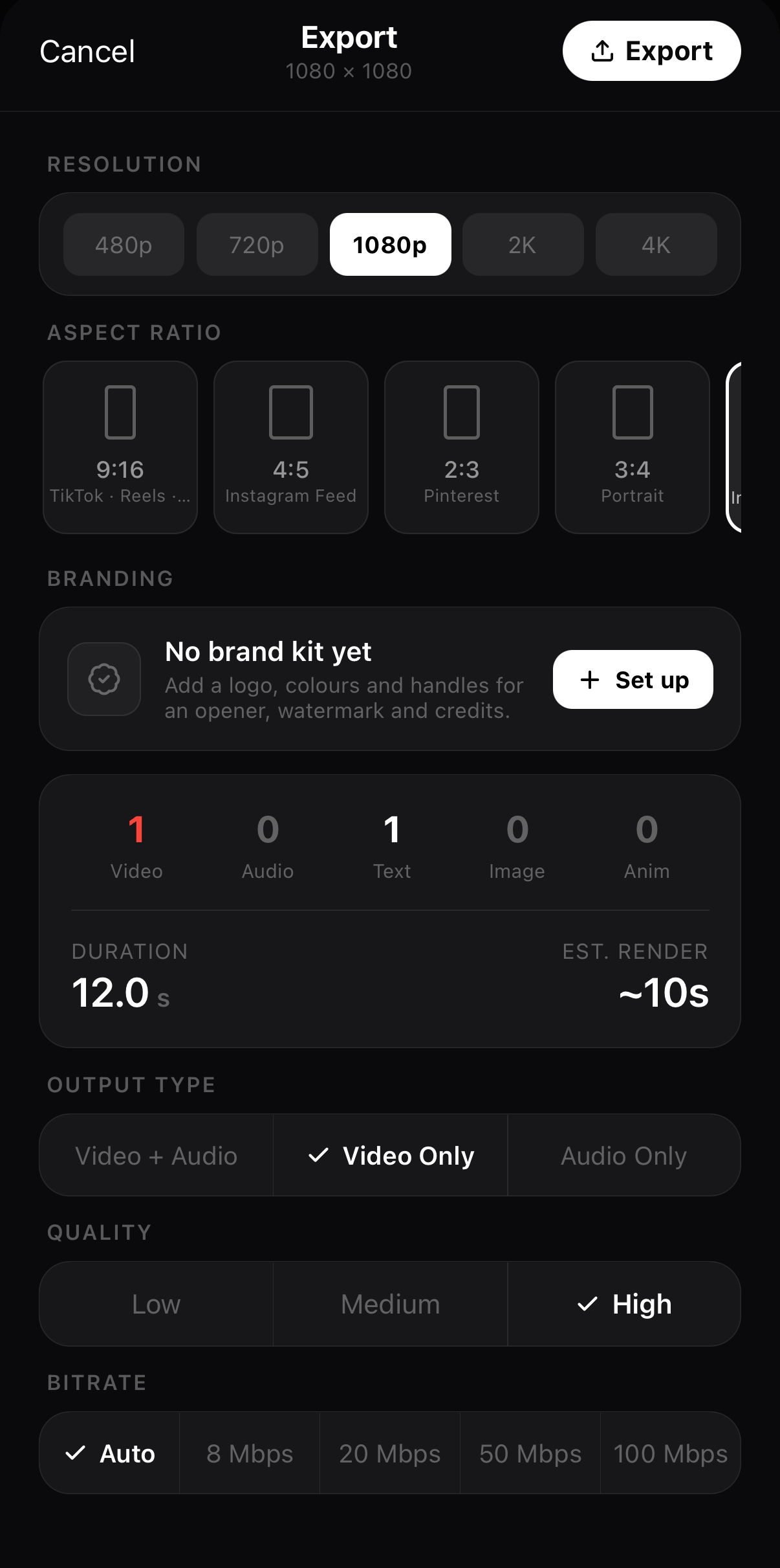 The Export sheet showing 1080 × 1080, Resolution 1080p selected, aspect-ratio tiles, a branding card, a layer summary with Duration 12.0 s, Output type Video Only, Quality High and Bitrate Auto.