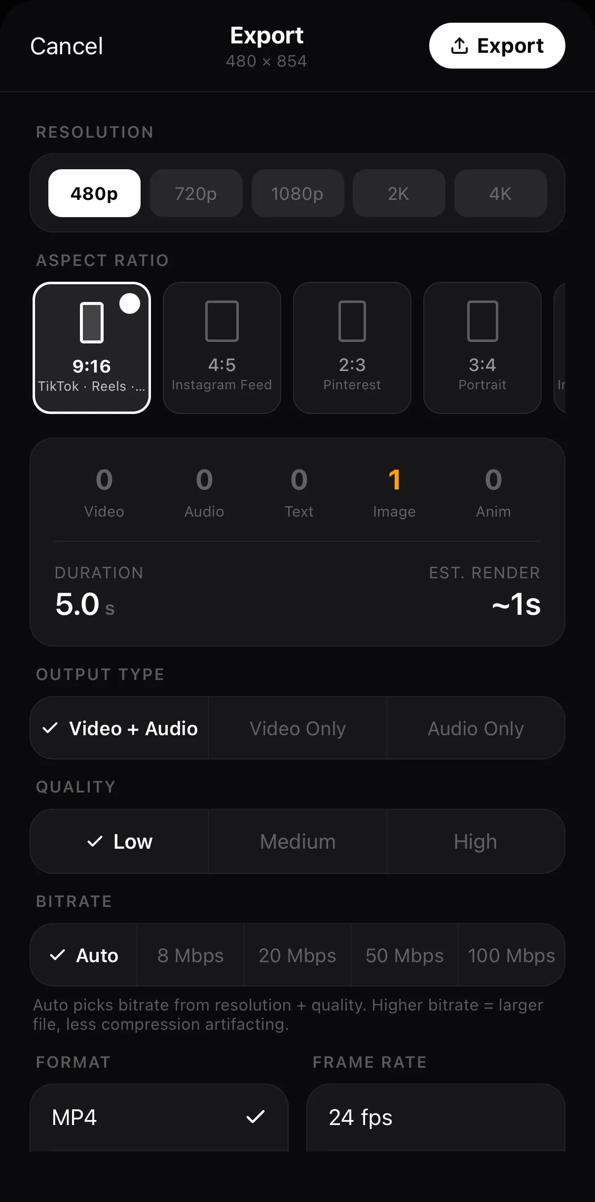 The Export sheet as it opens: 480p selected, 9:16, layer counts, 5.0 s duration and ~1 s estimated render, Video + Audio, Quality Low, Bitrate Auto, MP4, 24 fps