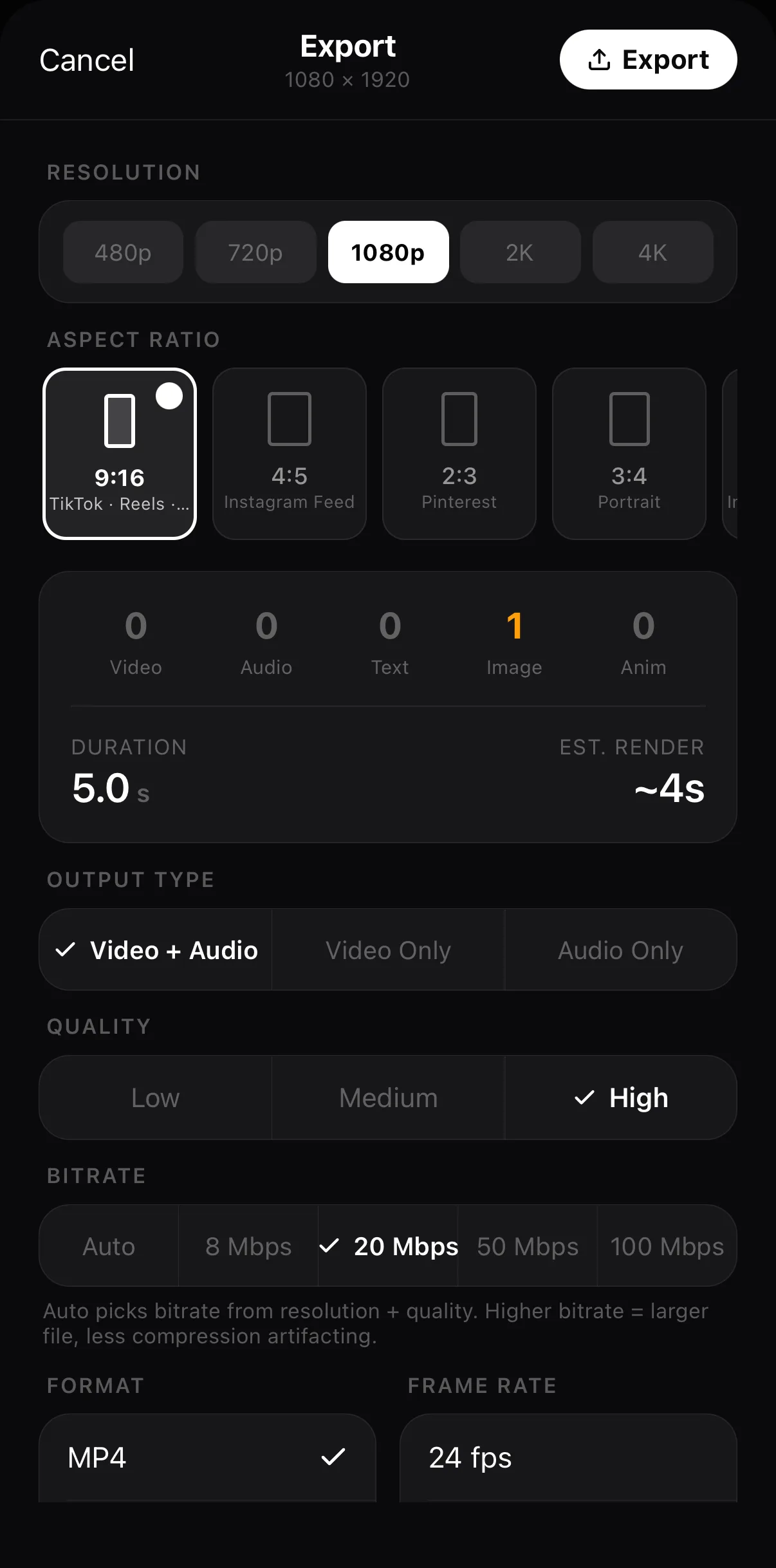 The Export sheet set for social: 1080p, 9:16, Video + Audio, High, 20 Mbps, MP4, and the Export button