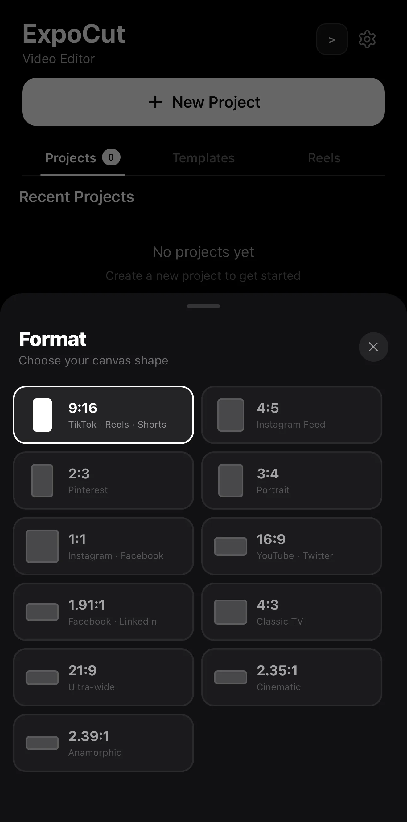 The format picker in the ExpoCut mobile video editor with 9:16, 4:5, 1:1, 16:9 and cinematic aspect ratios