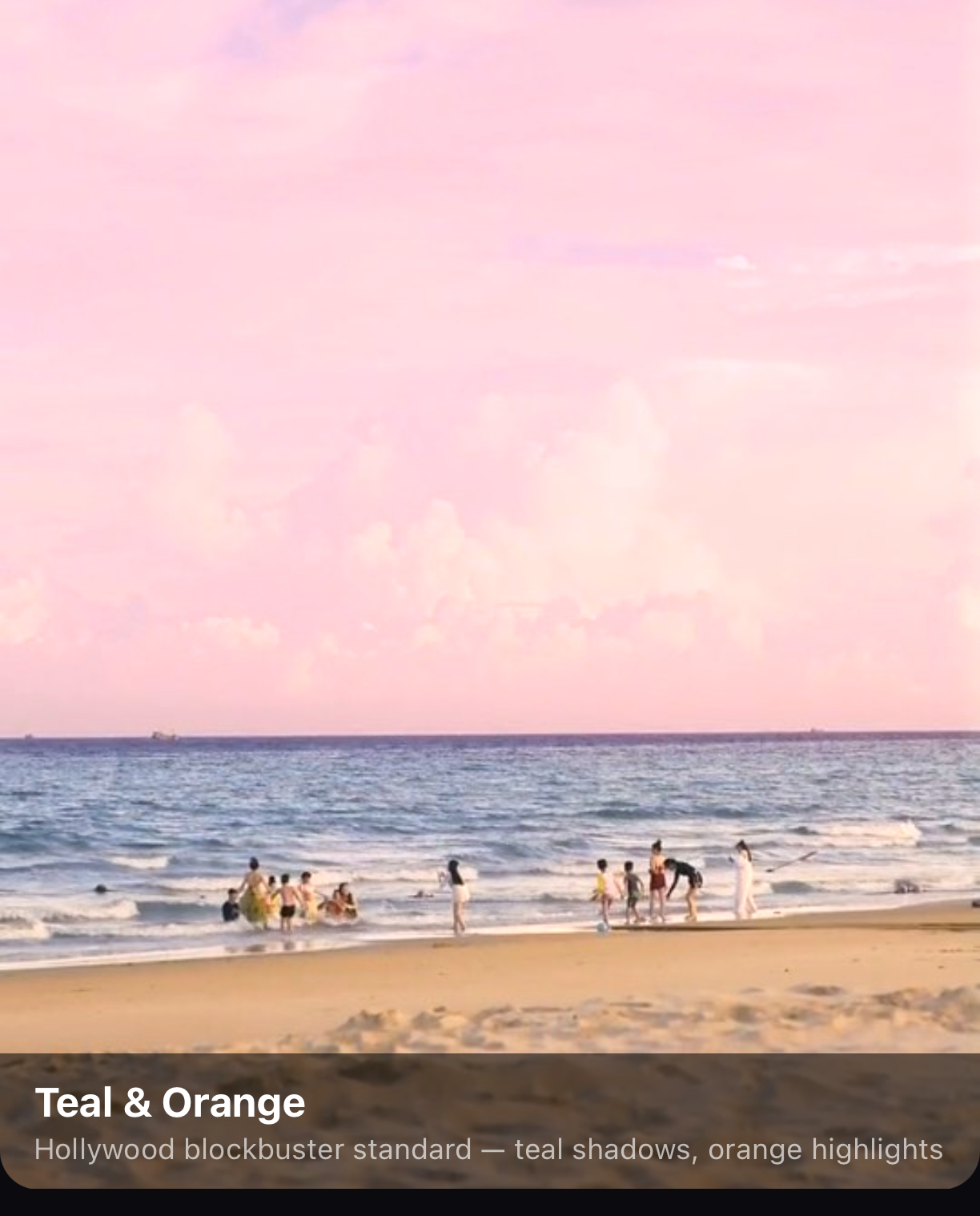 A beach clip graded with a cinematic teal and orange filter on a phone