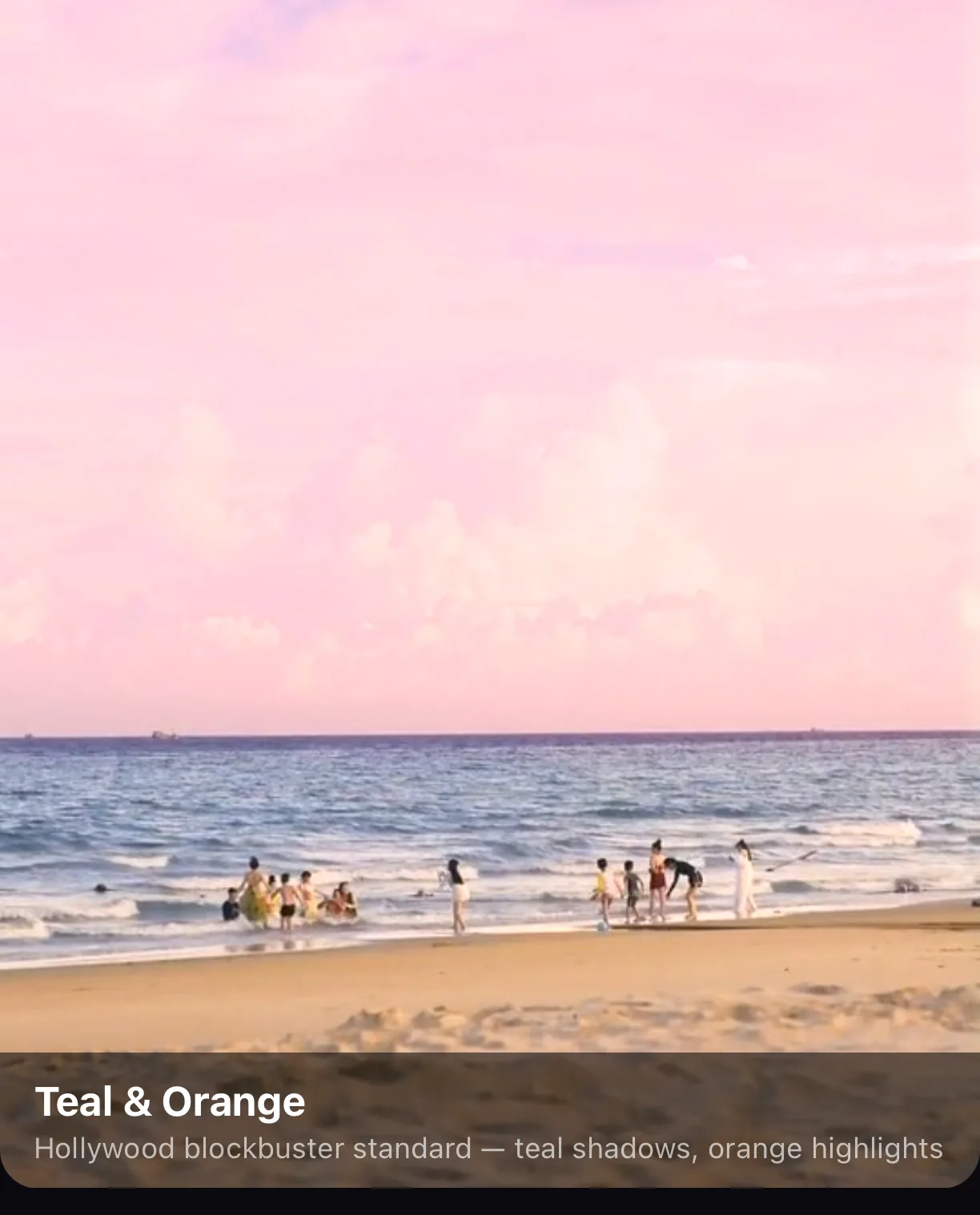 A beach clip graded with a cinematic teal and orange filter on a phone