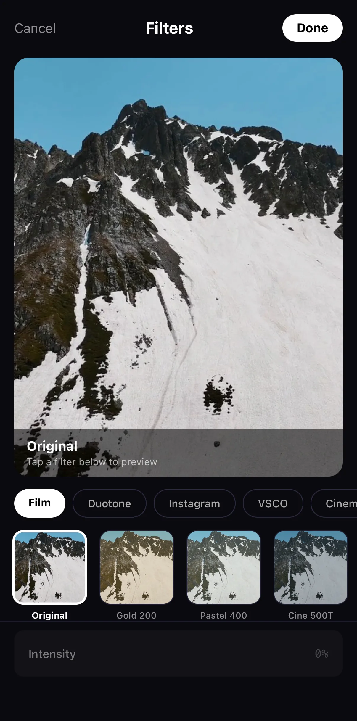 The Filters browser showing the live preview, the Film, Duotone, Instagram, VSCO and Cinematic tabs, a thumbnail strip and the Intensity slider