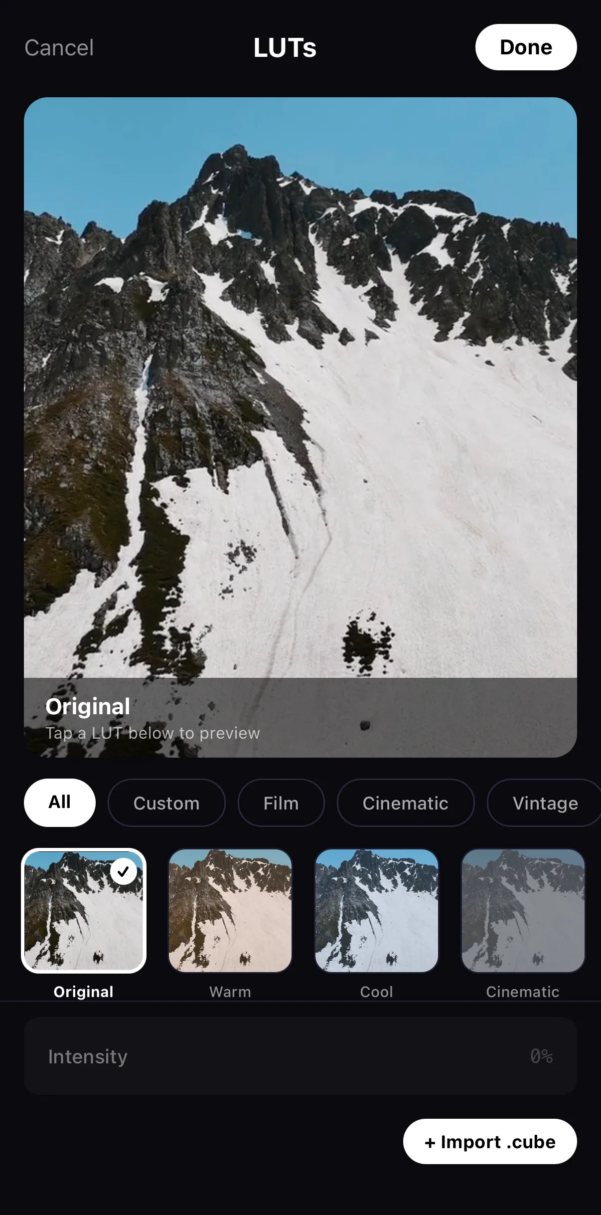 The LUTs browser with All, Custom, Film, Cinematic and Vintage tabs, Warm / Cool / Cinematic grades and the Import .cube button