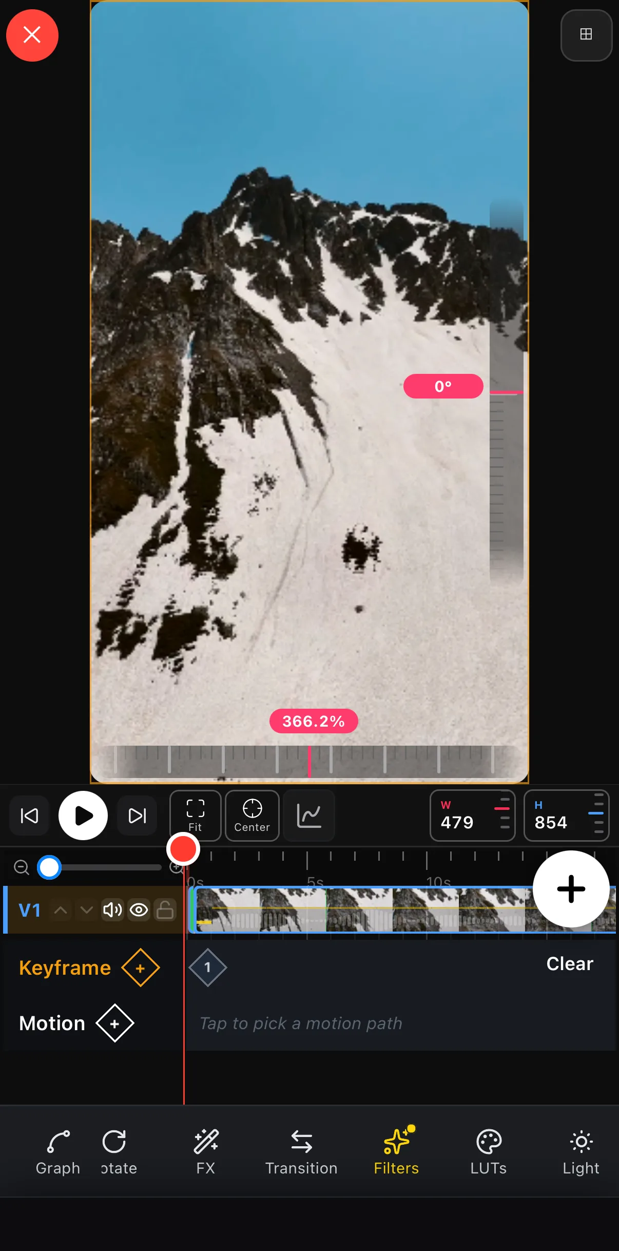 The transform toolbar in Edit mode with Filters highlighted, next to Transition, LUTs and Light