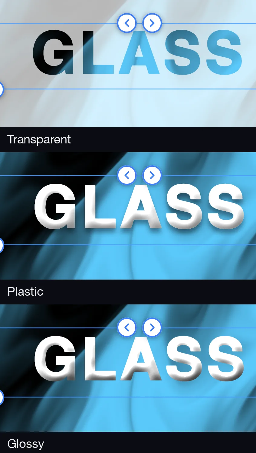 Three canvas crops of the same GLASS title over the Liquid Chrome shader: Transparent (letters on a translucent white panel), Plastic (opaque, softly lit, rounded bevel) and Glossy (hard specular highlight, chrome-like edge).