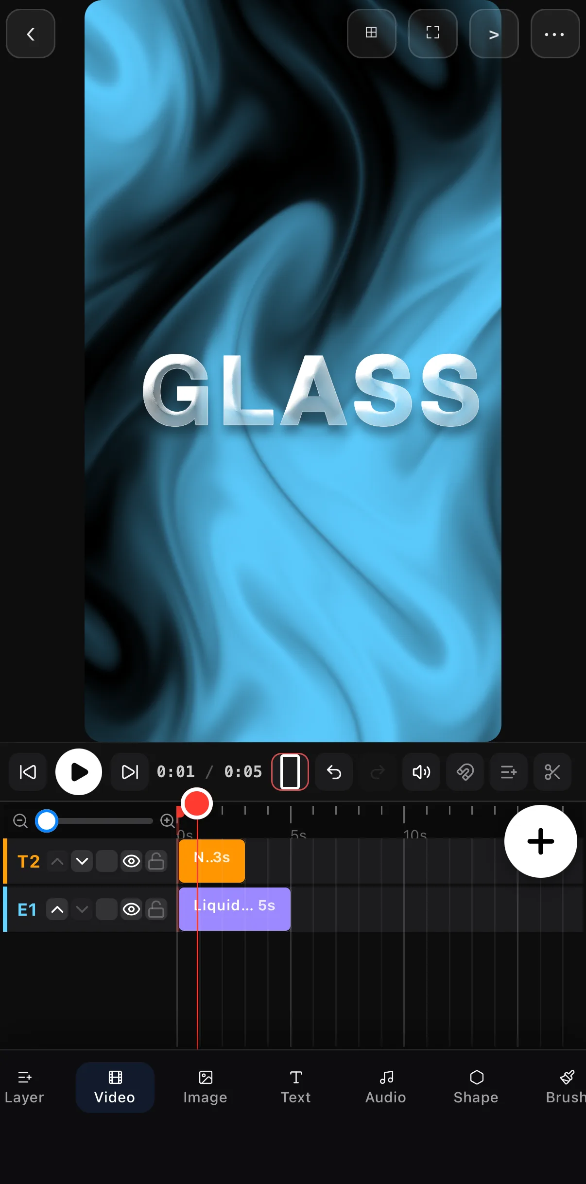 The finished title on the 9:16 canvas: GLASS in clear-glass letters over the Liquid Chrome shader at 0:01, with the text clip on T2 above the 5-second shader on E1.