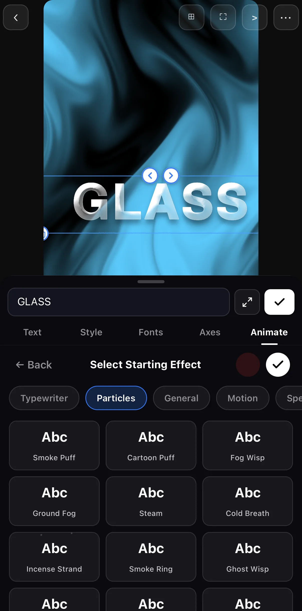 The Select Starting Effect picker with the Particles family selected: tiles Smoke Puff, Cartoon Puff, Fog Wisp, Ground Fog, Steam, Cold Breath, Incense Strand, Smoke Ring and Ghost Wisp, each with an Abc preview.