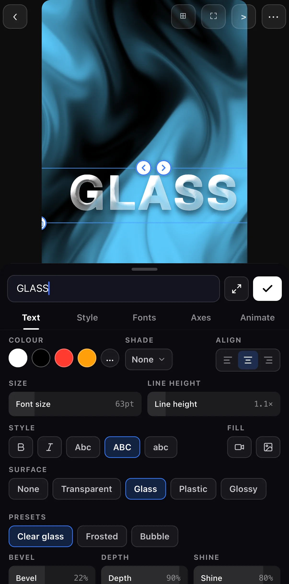 The text tray's Text tab with the word GLASS rendered as clear glass over a blue Liquid Chrome shader: Colour, Shade and Align rows, Font size 63pt, Style buttons, and the Surface row with Glass selected, presets Clear glass / Frosted / Bubble and Bevel 22%, Depth 90%, Shine 80%.
