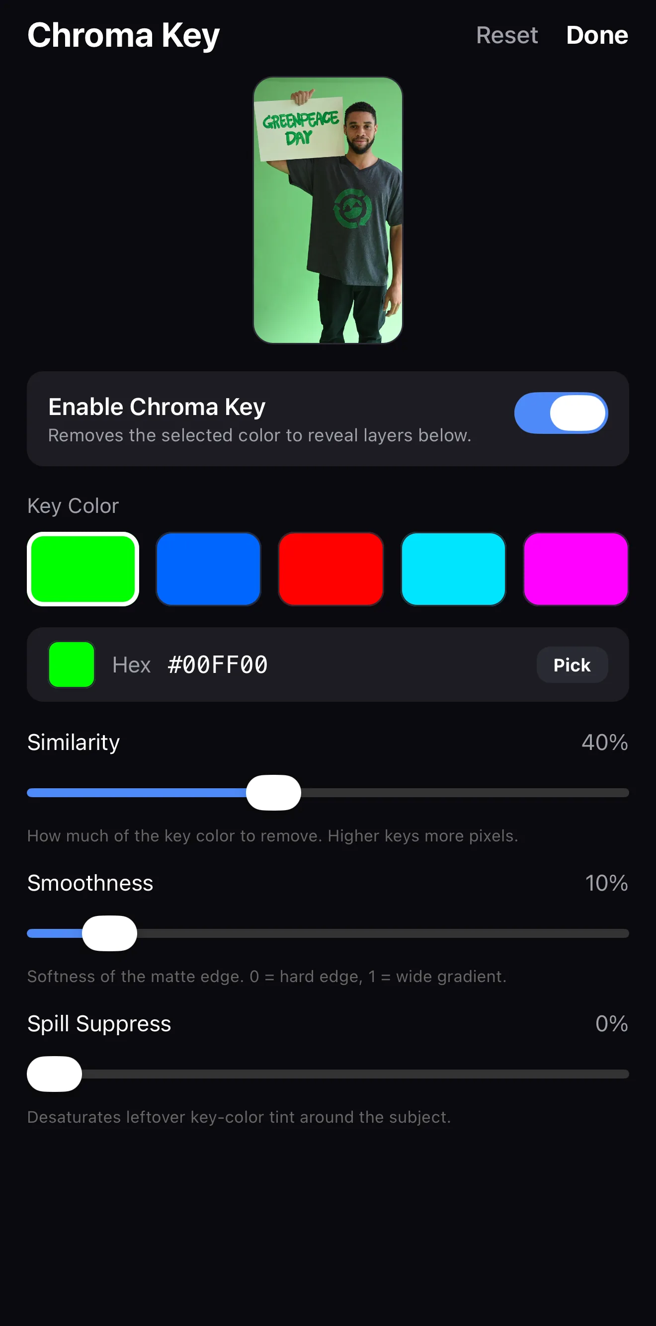 ExpoCut Chroma Key panel with key-color swatches and Similarity, Smoothness and Spill Suppress sliders