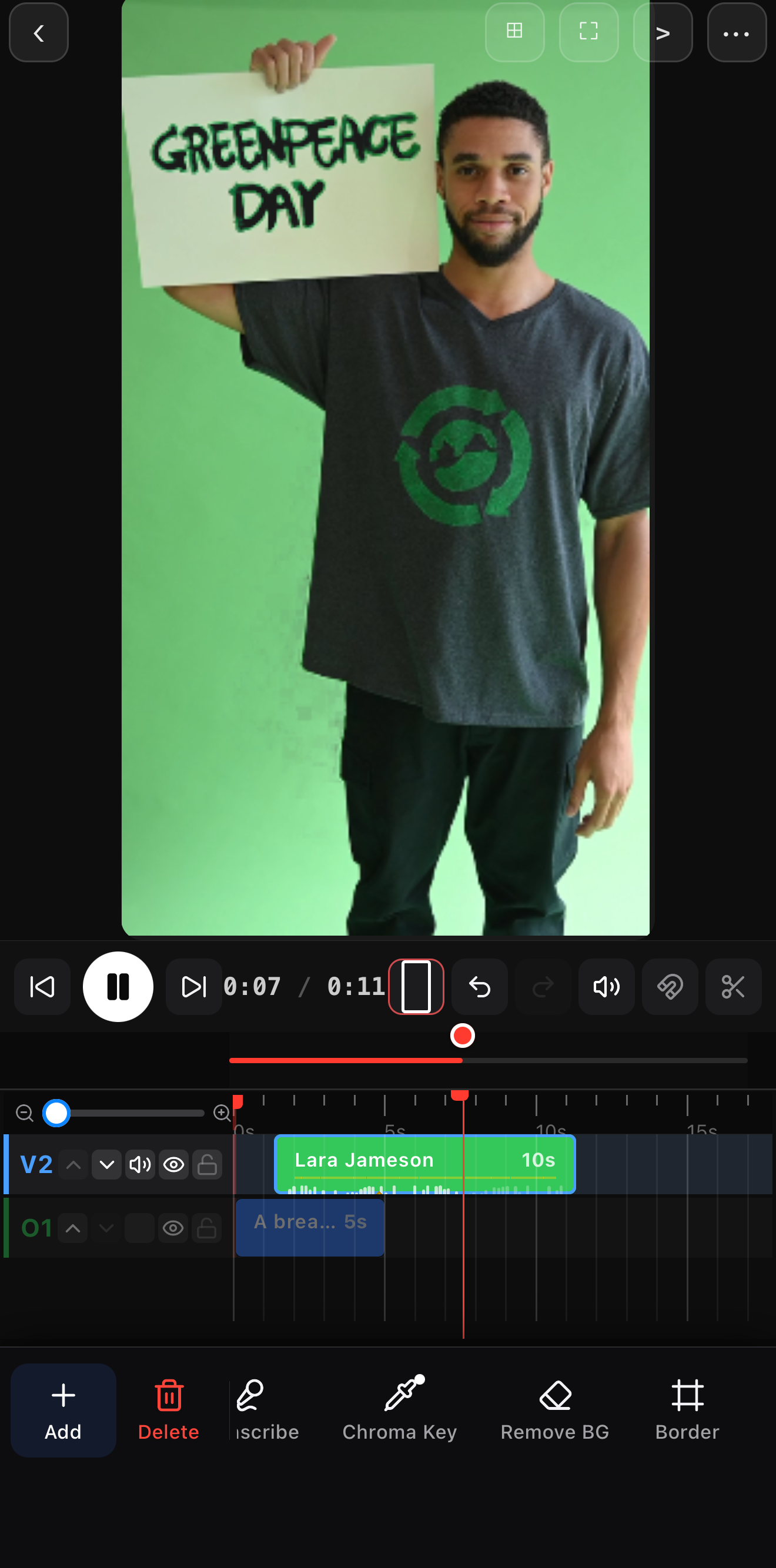 Green-screen clip layered over a background scene, with the Chroma Key tool in the clip's toolbar