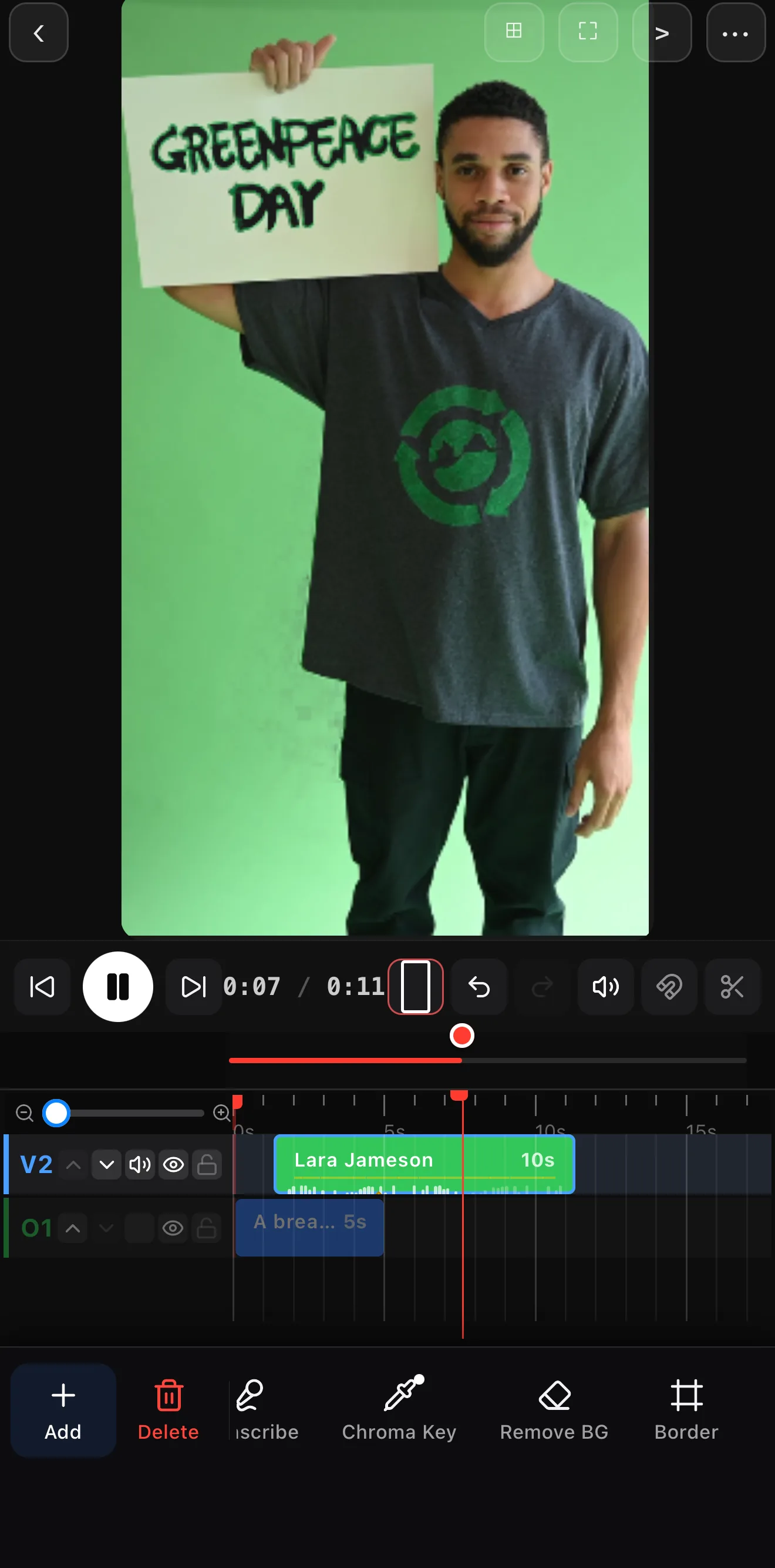 Green-screen clip layered over a background scene, with the Chroma Key tool in the clip's toolbar