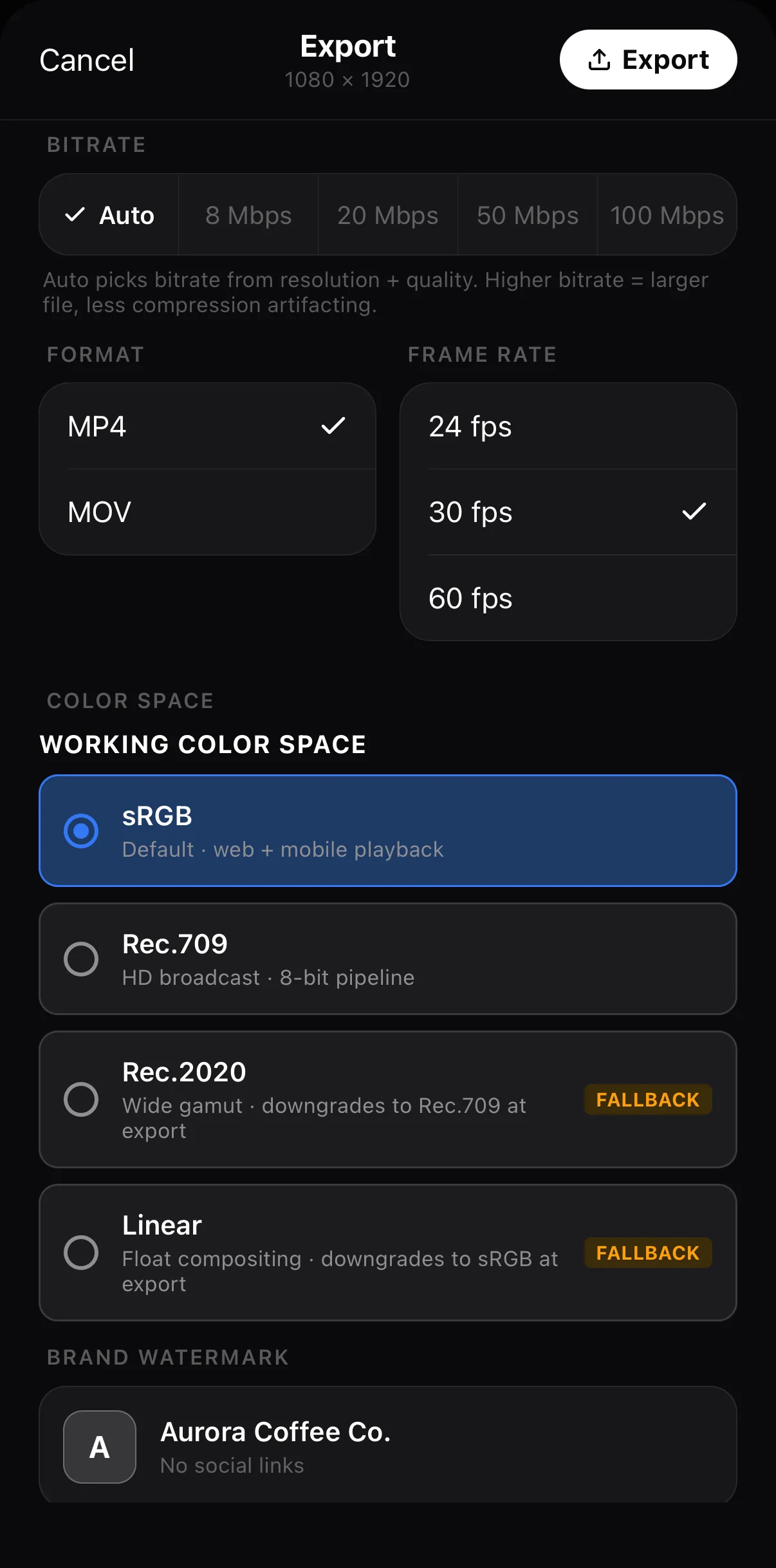 The lower half of the Export sheet: Frame Rate list with 30 fps checked, Working Color Space sRGB selected, and a Brand Watermark row showing the saved Aurora Coffee Co. profile.