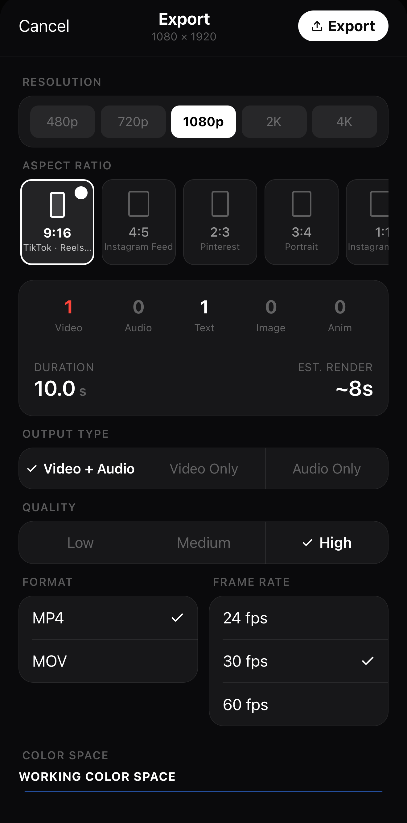 Export panel set to 1080p, 9:16 vertical, MP4 and 30 fps for TikTok