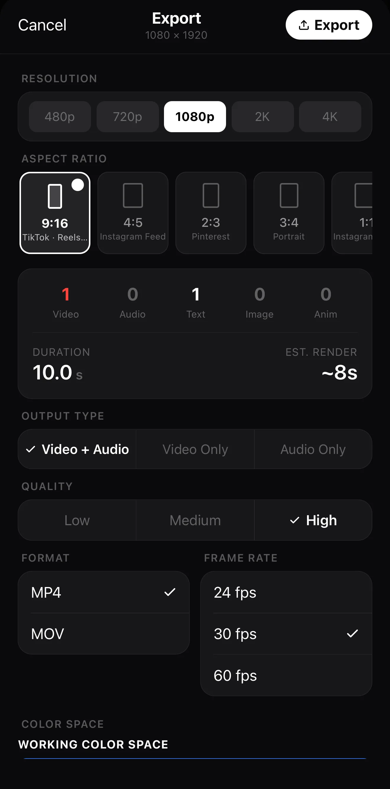Export panel set to 1080p, 9:16 vertical, MP4 and 30 fps for TikTok