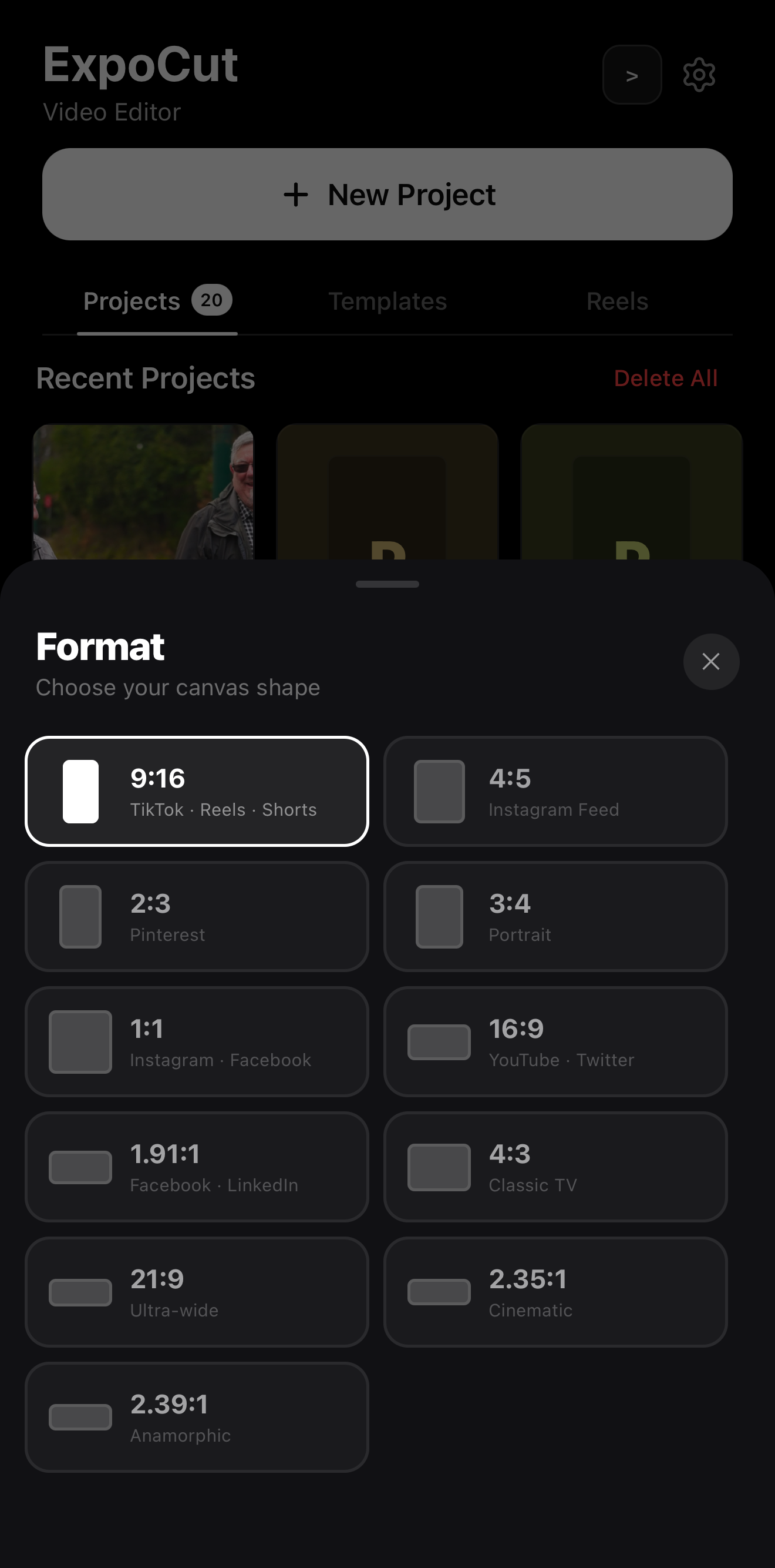 New-project format picker with 9:16 selected, labelled TikTok, Reels, Shorts