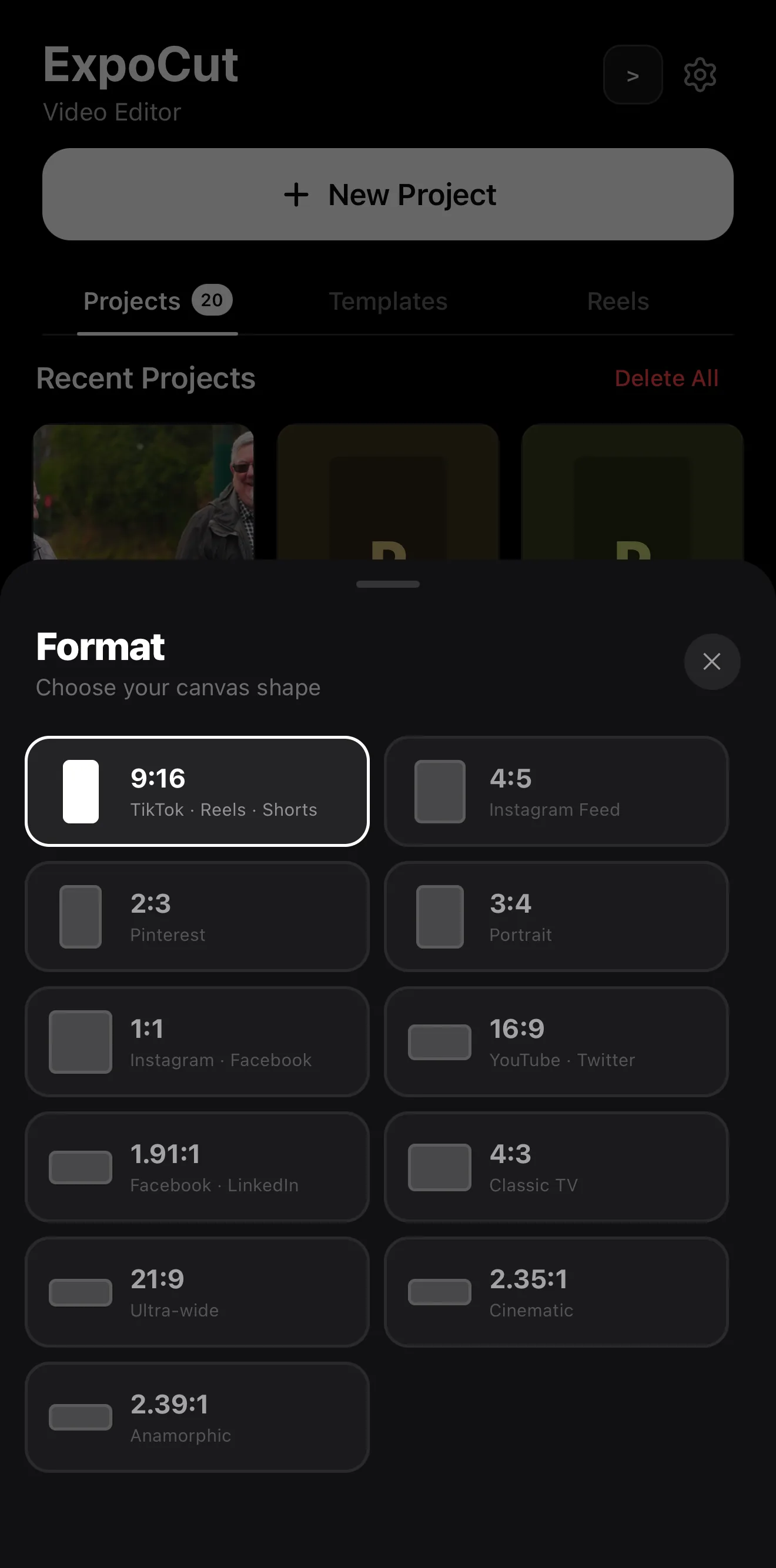 New-project format picker with 9:16 selected, labelled TikTok, Reels, Shorts
