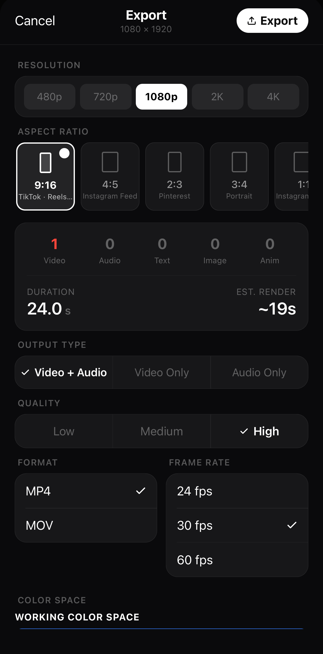 Export panel set to 1080p resolution, 9:16 aspect ratio, MP4 format and 30 fps