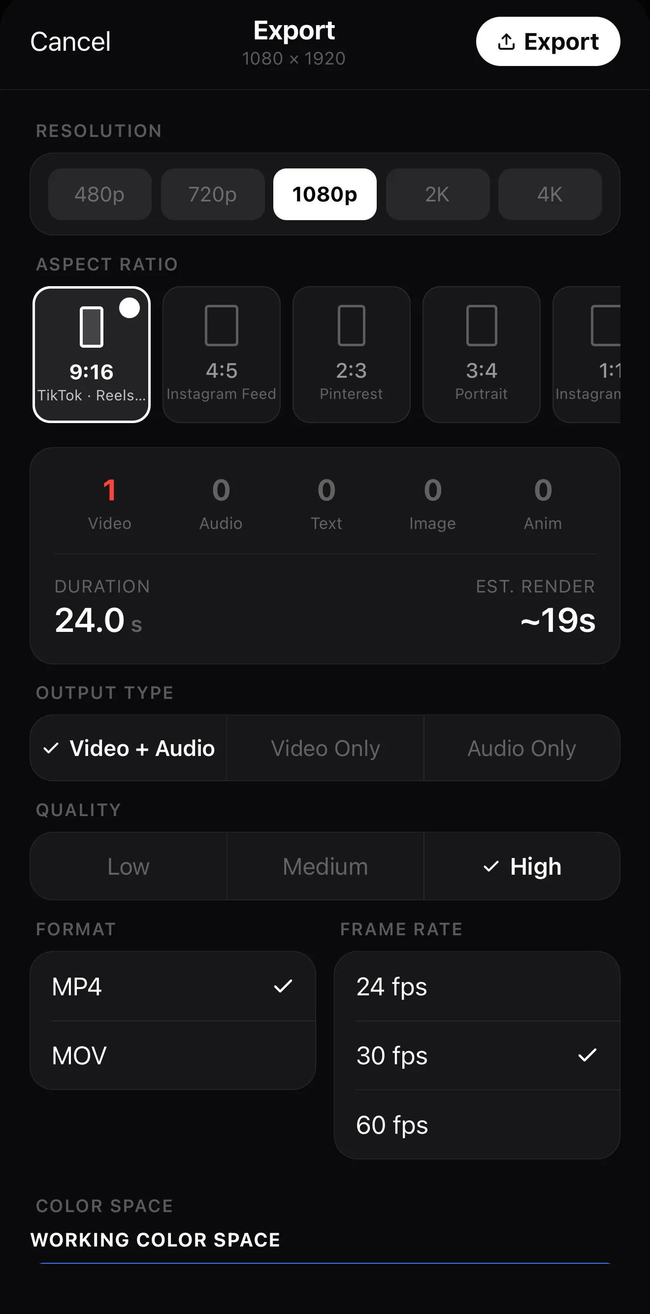 Export panel set to 1080p resolution, 9:16 aspect ratio, MP4 format and 30 fps