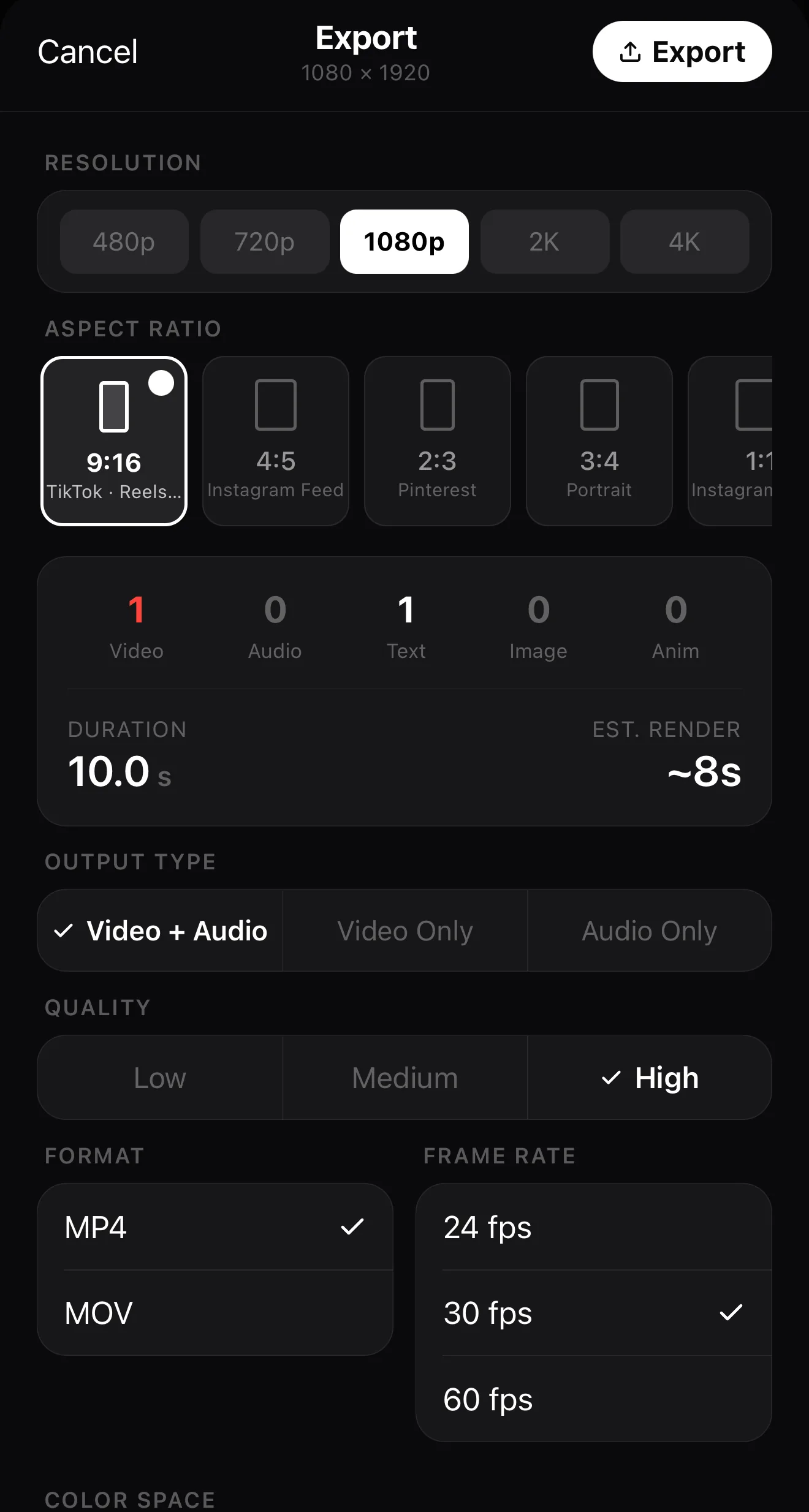 ExpoCut export panel set to 1080p, 9:16 vertical, MP4, 30 fps