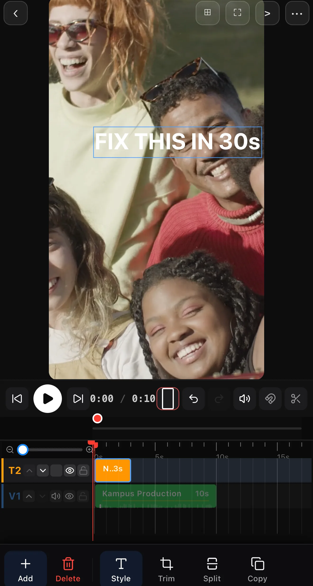 A bold FIX THIS IN 30s text hook placed in the upper-center of a 9:16 vertical clip