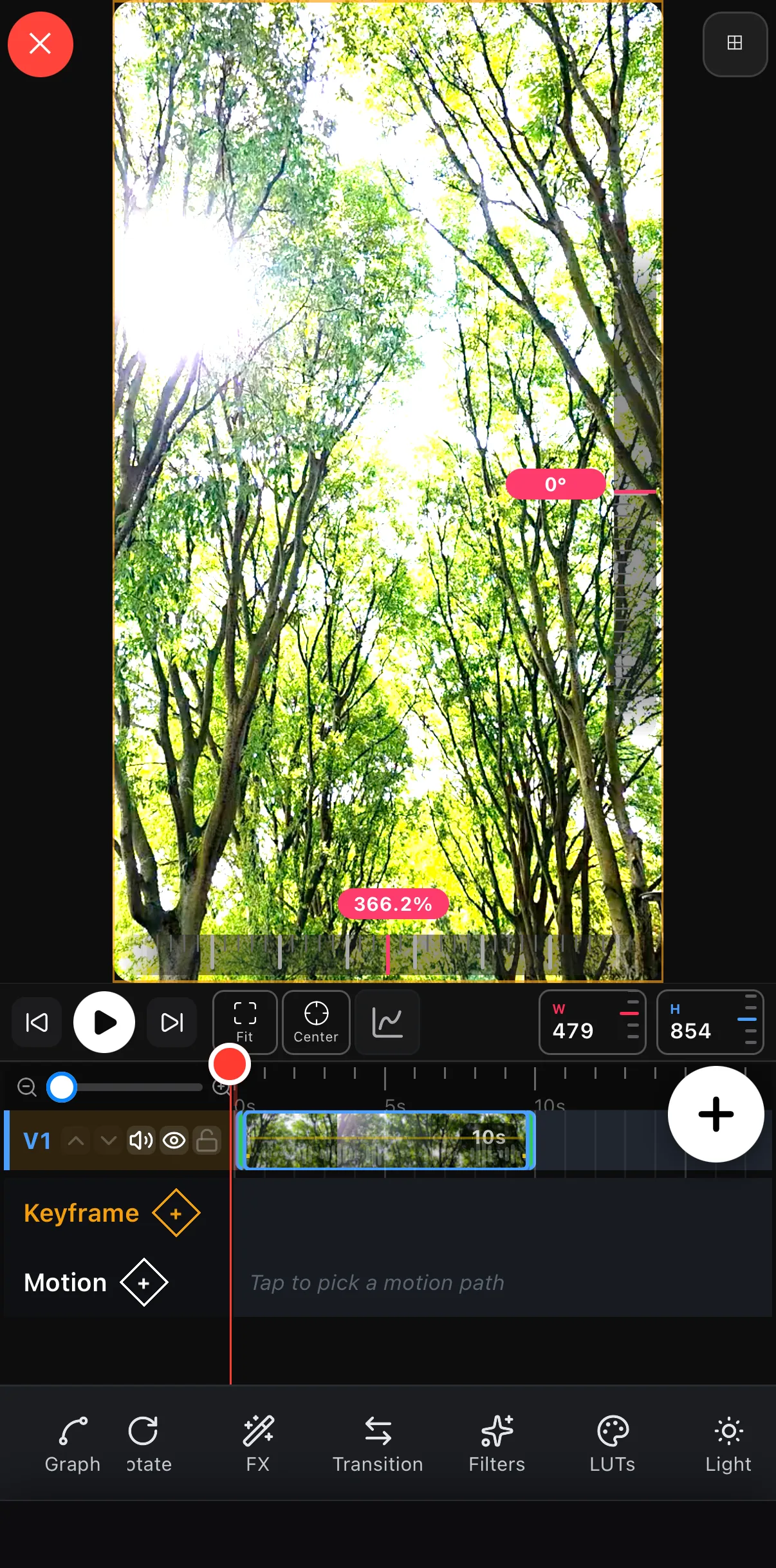 The transform toolbar in Edit mode with Filters and LUTs side by side