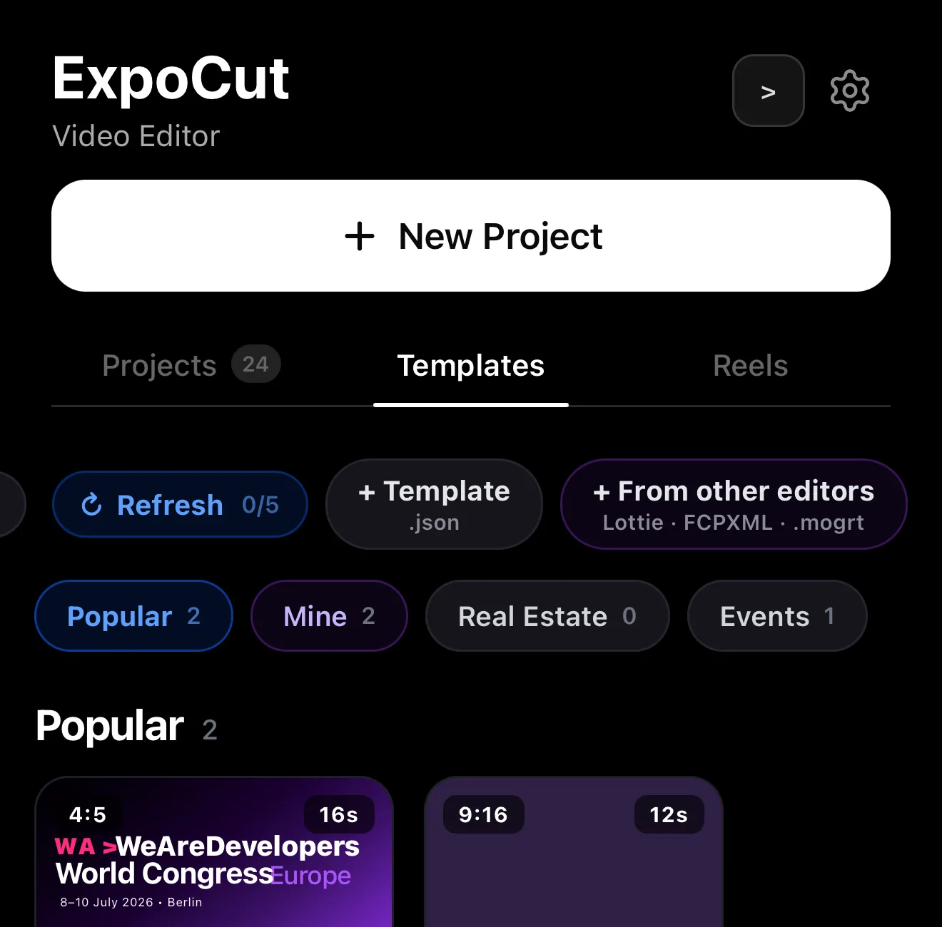 The Templates gallery toolbar with a From other editors button labelled Lottie, FCPXML and .mogrt