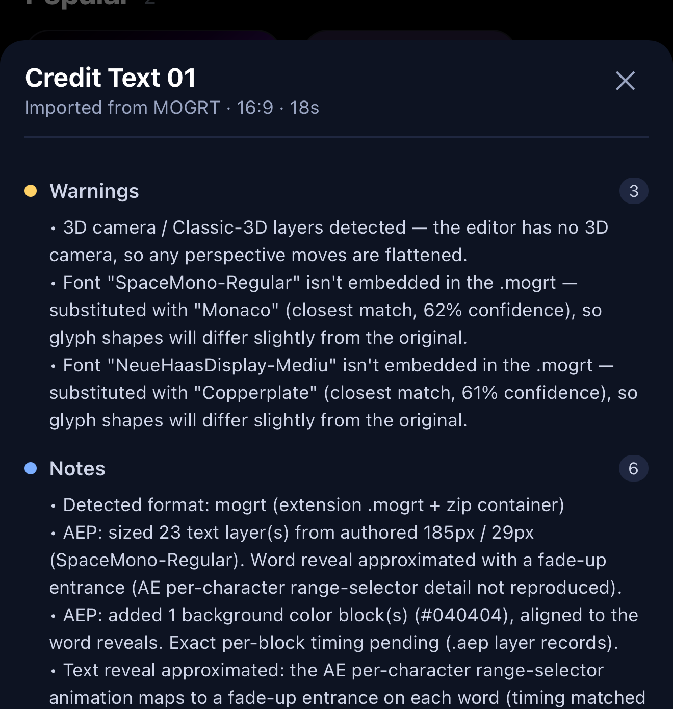 Import compatibility report for a MOGRT file listing warnings about substituted fonts and flattened 3D layers and notes about detected format and text layers
