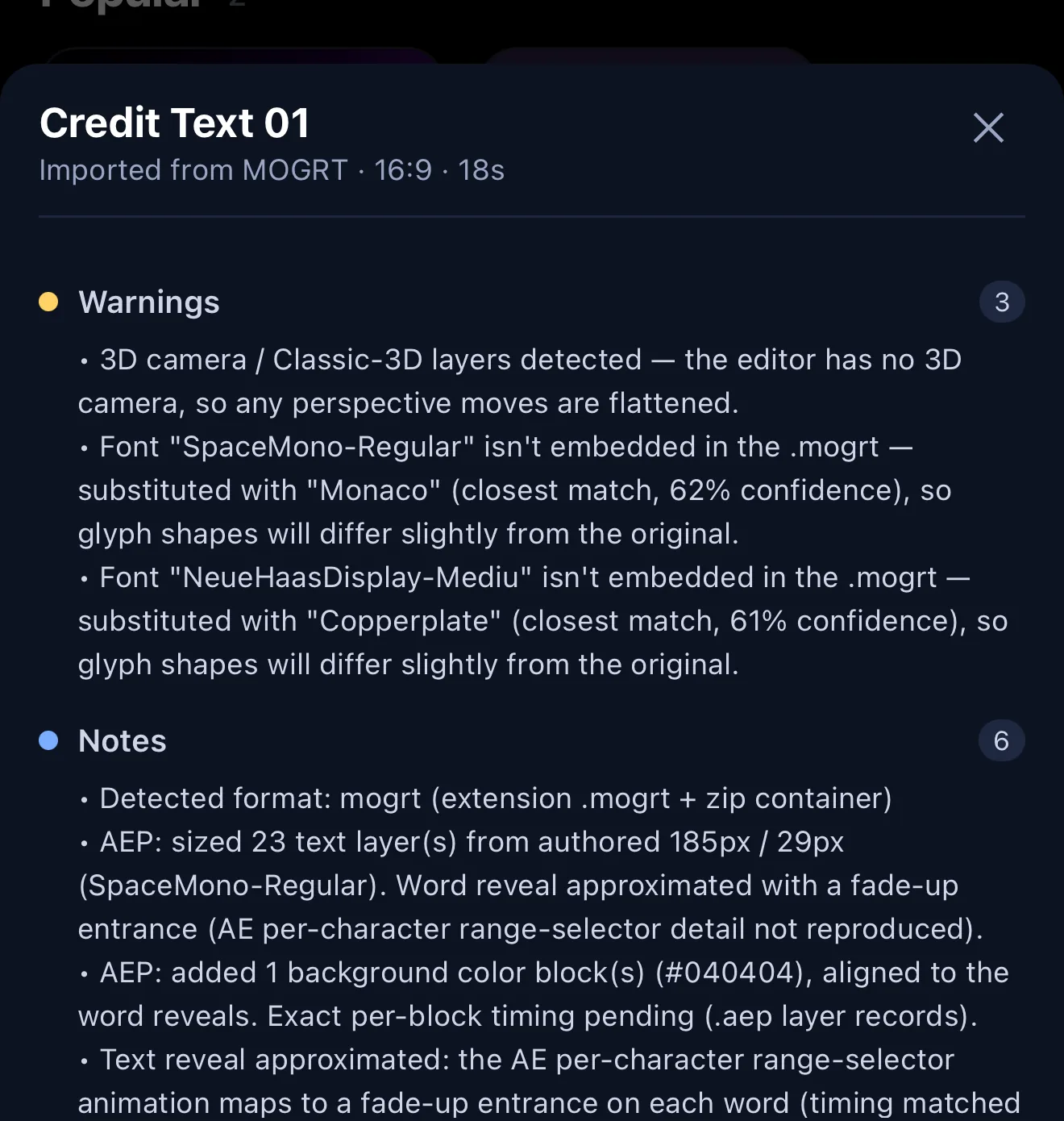 Import compatibility report for a MOGRT file listing warnings about substituted fonts and flattened 3D layers and notes about detected format and text layers