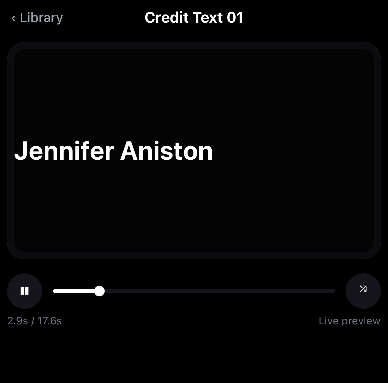 The imported Credit Text 01 template playing in ExpoCut, showing an animated name credit reveal