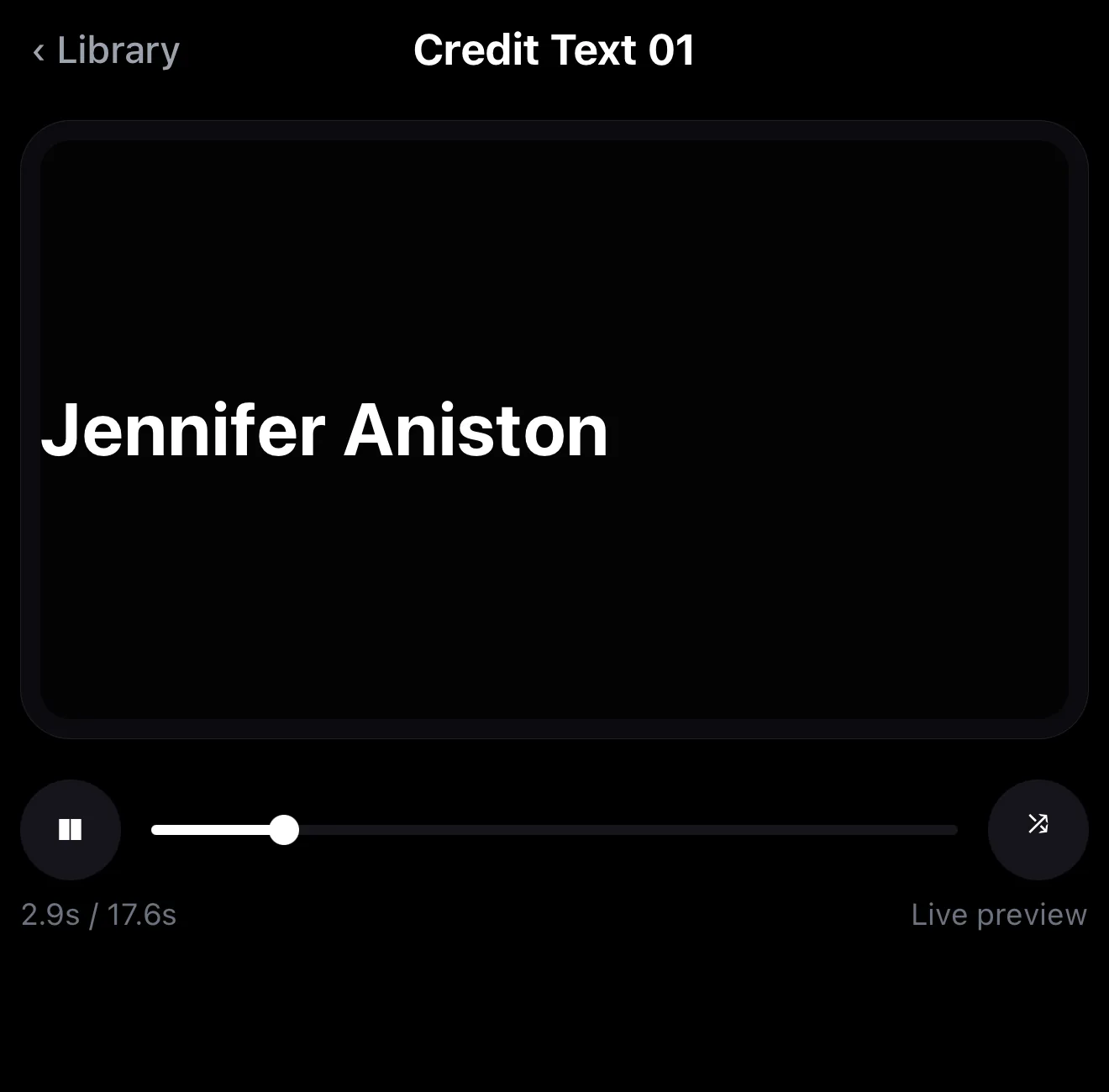 The imported Credit Text 01 template playing in ExpoCut, showing an animated name credit reveal