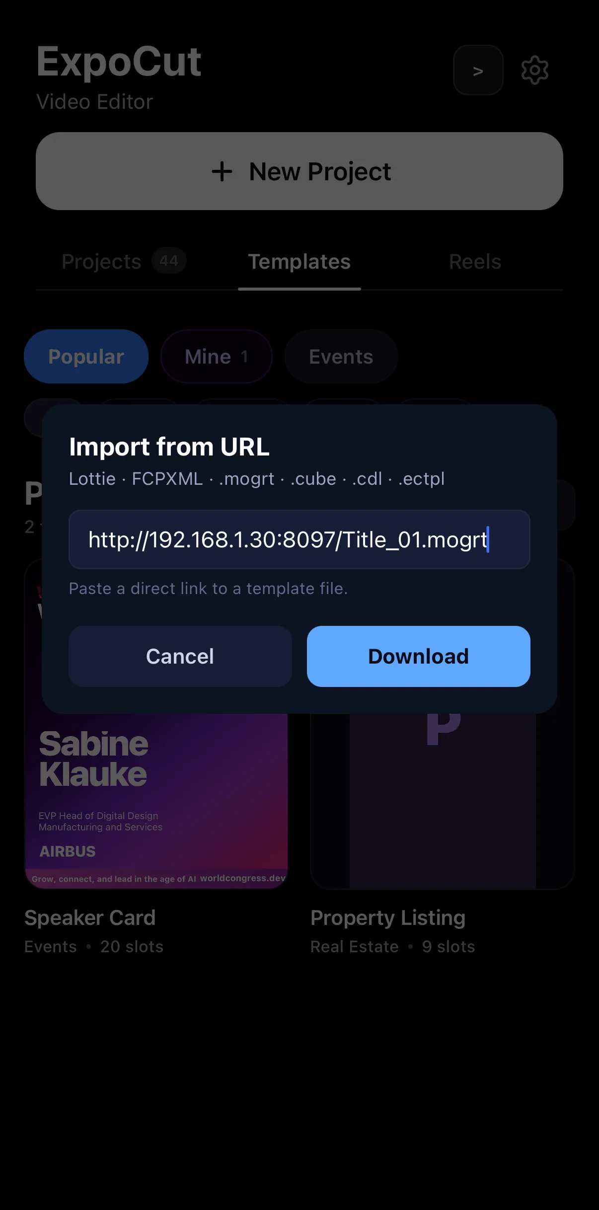 The Import from URL dialog listing Lottie · FCPXML · .mogrt · .cube · .cdl · .ectpl, a URL field containing a link to Title_01.mogrt, and Cancel / Download buttons.