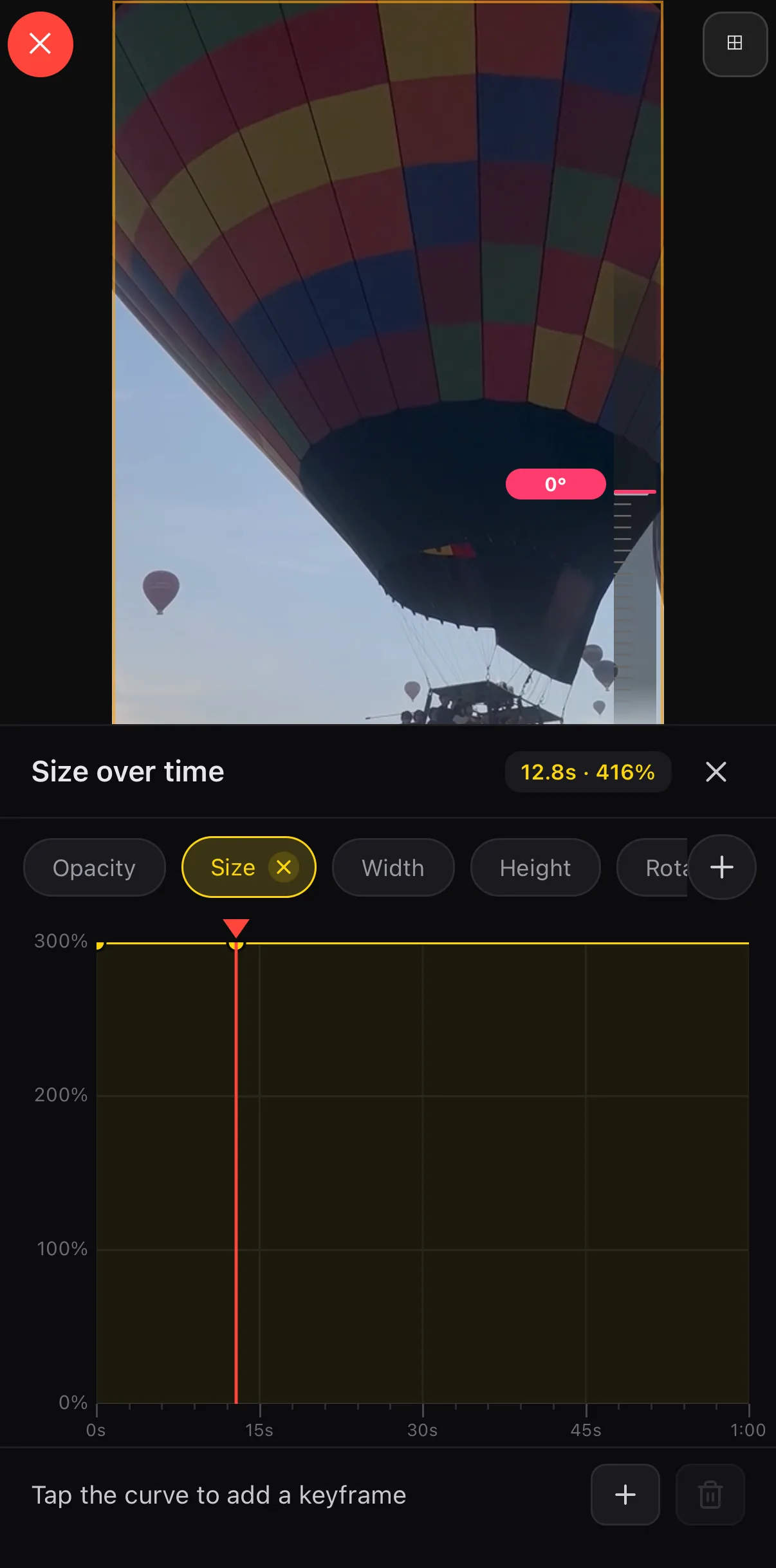 The Graph panel showing Size over time with property chips and a curve from 0 s to 1:00