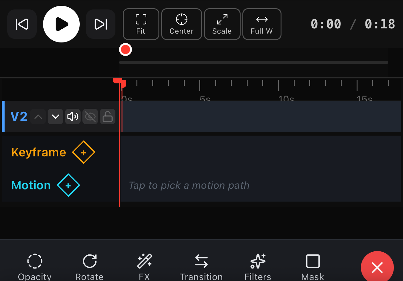 The keyframe and motion controls in the ExpoCut mobile video editor