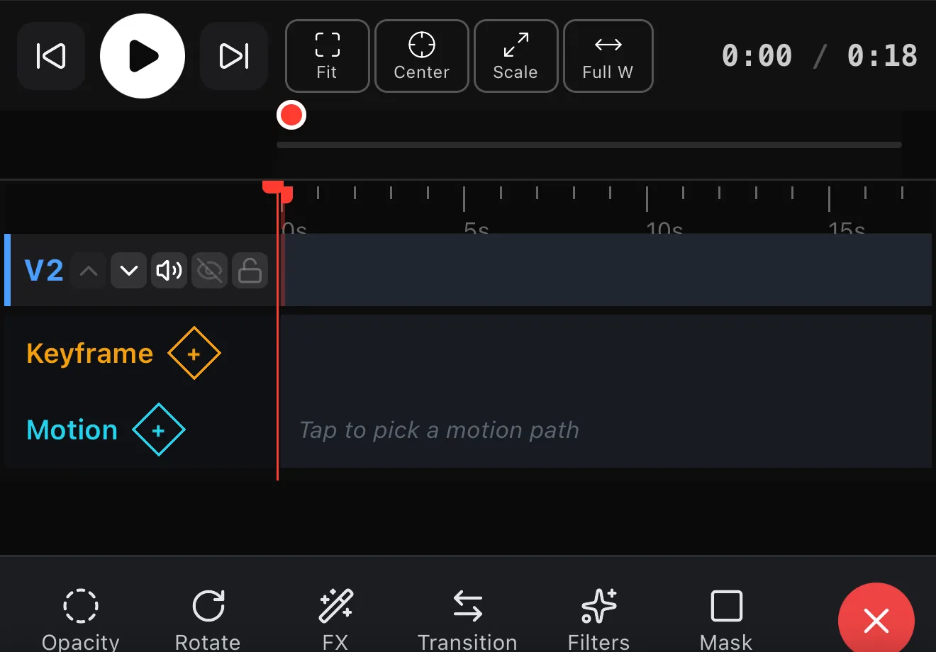 The keyframe and motion controls in the ExpoCut mobile video editor