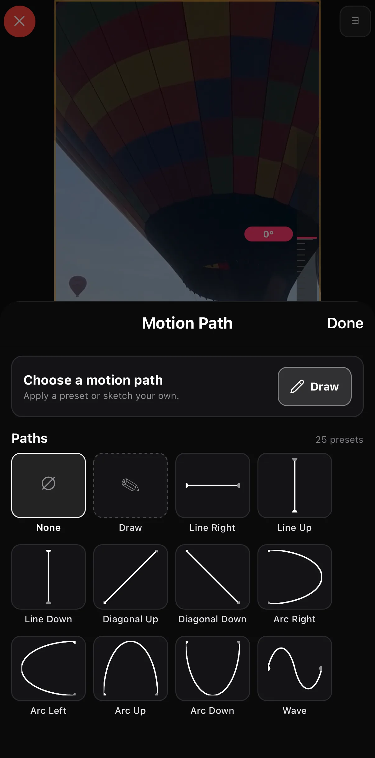 The Motion Path sheet: Draw, and a grid of 25 presets — None, Draw, Line Right, Line Up, Line Down, Diagonal Up, Diagonal Down, Arc Right, Arc Left, Arc Up, Arc Down, Wave…