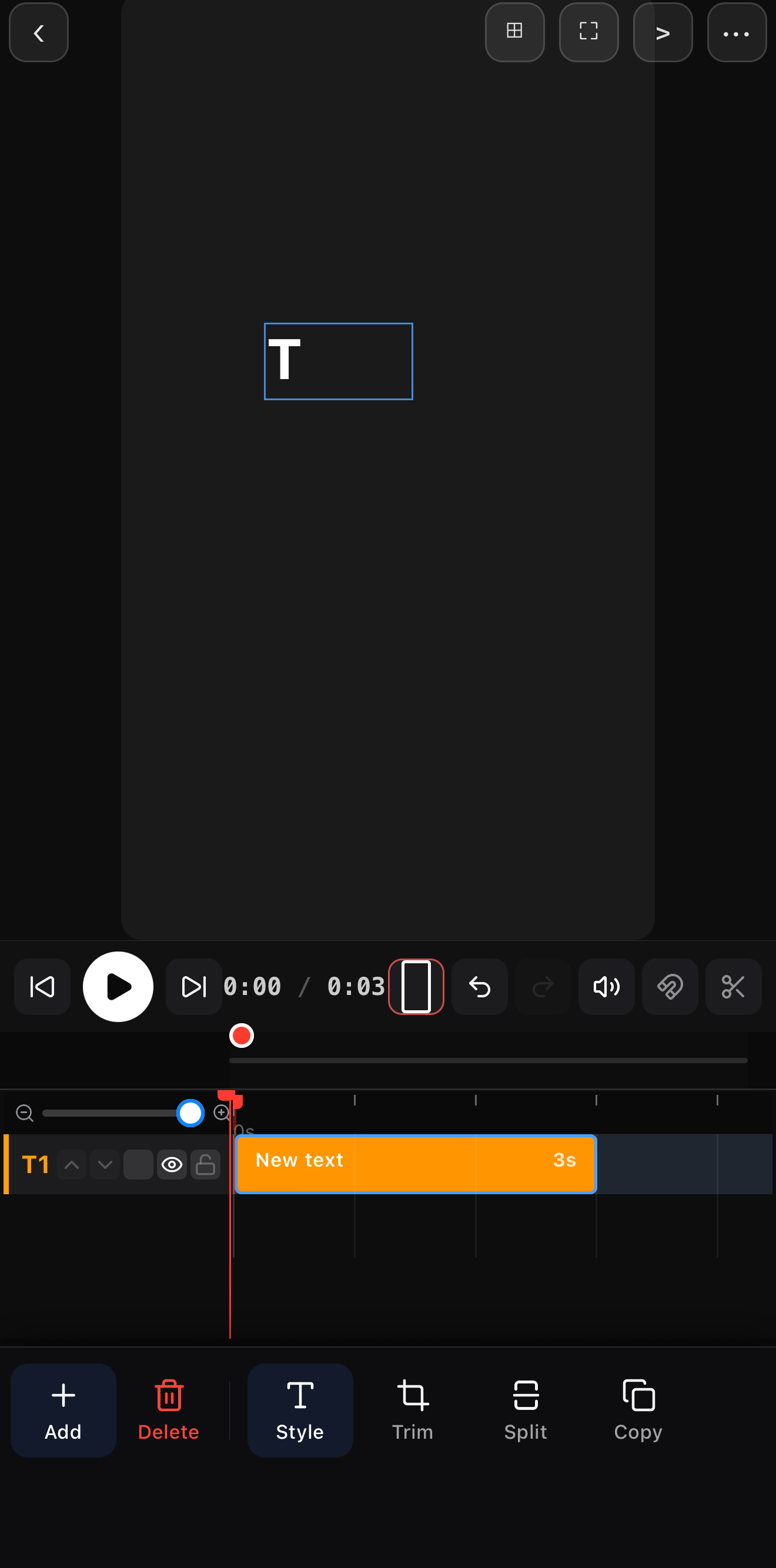 A text layer caught mid-reveal — only the first letter of the word has typed in