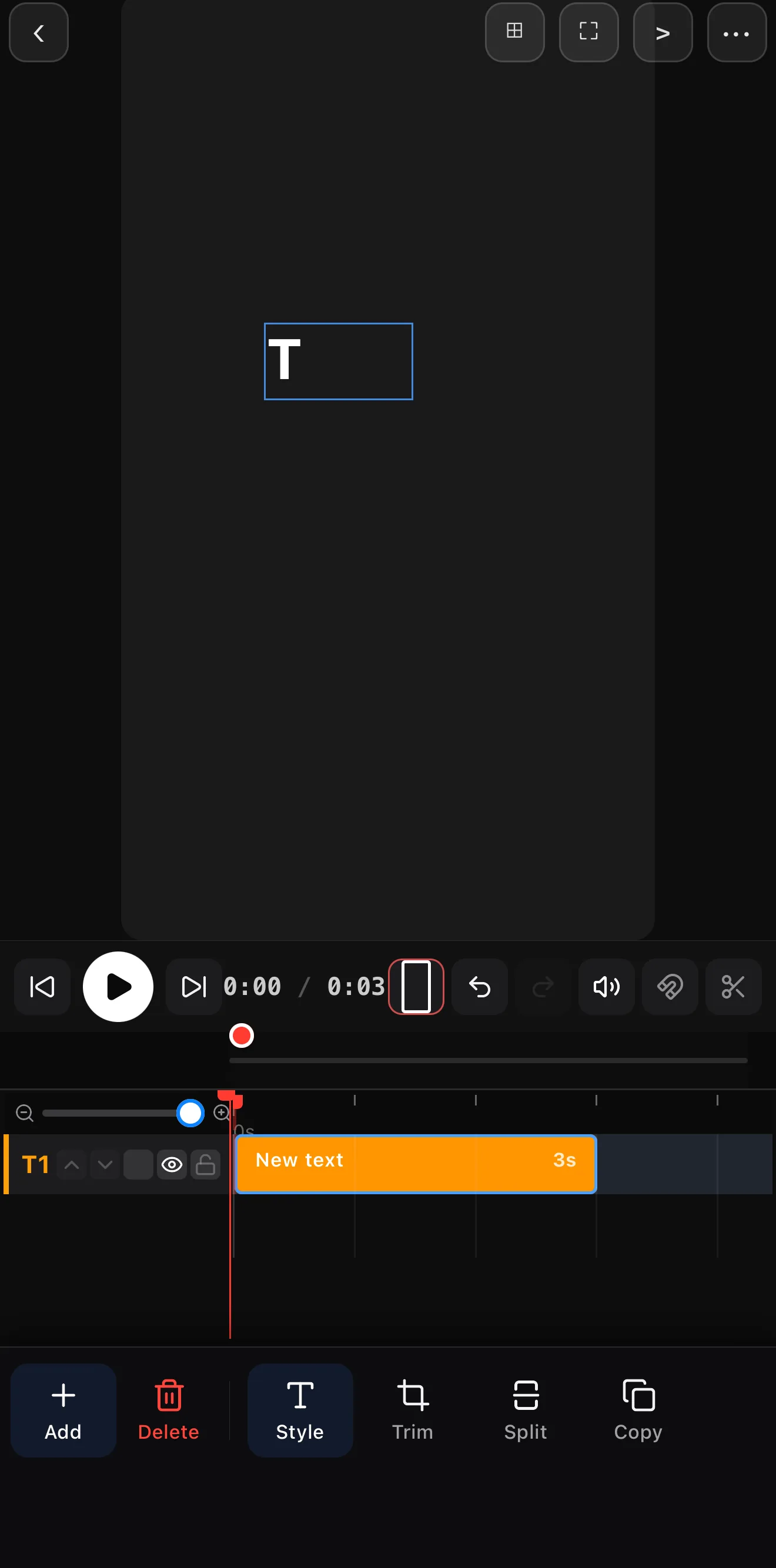 A text layer caught mid-reveal — only the first letter of the word has typed in