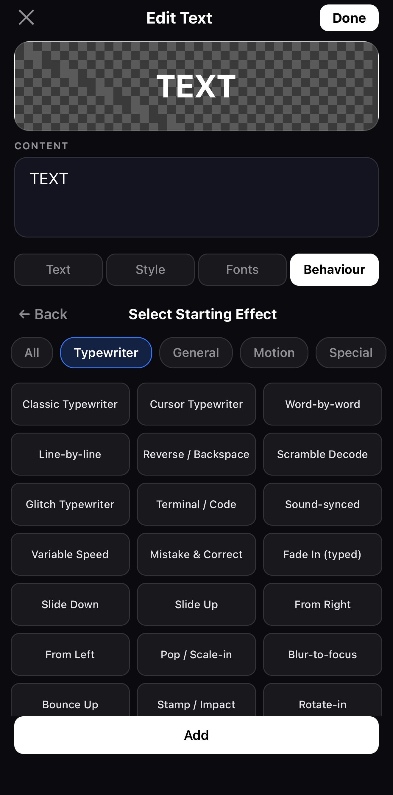 ExpoCut typewriter animation styles — Classic, Cursor, Word-by-word, Scramble Decode, Glitch and more