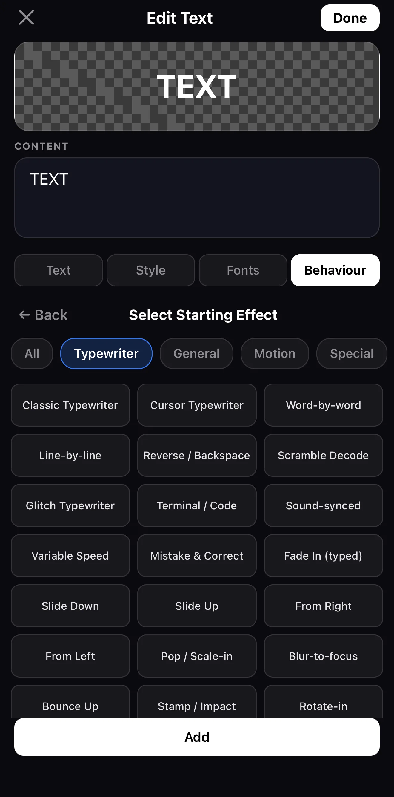 ExpoCut typewriter animation styles — Classic, Cursor, Word-by-word, Scramble Decode, Glitch and more