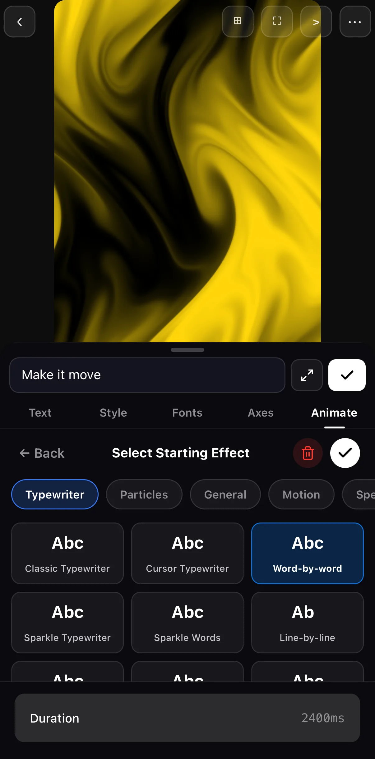 Word-by-word selected with its Duration slider at 2400 ms