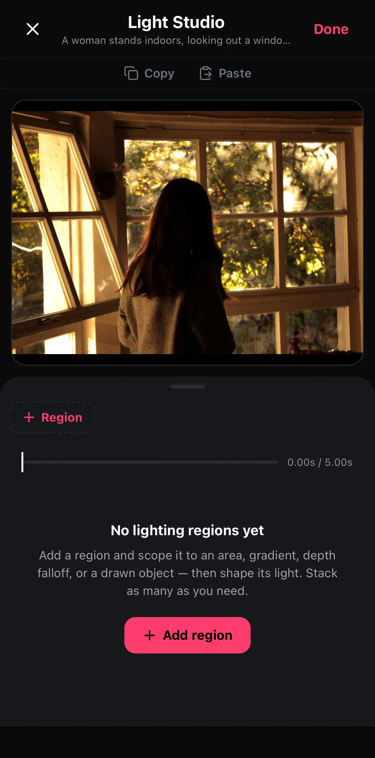 Light Studio's empty state over a window portrait: Copy and Paste buttons, a + Region chip, a time scrubber, and the message No lighting regions yet — add a region and scope it to an area, gradient, depth falloff, or a drawn object — with a + Add region button.
